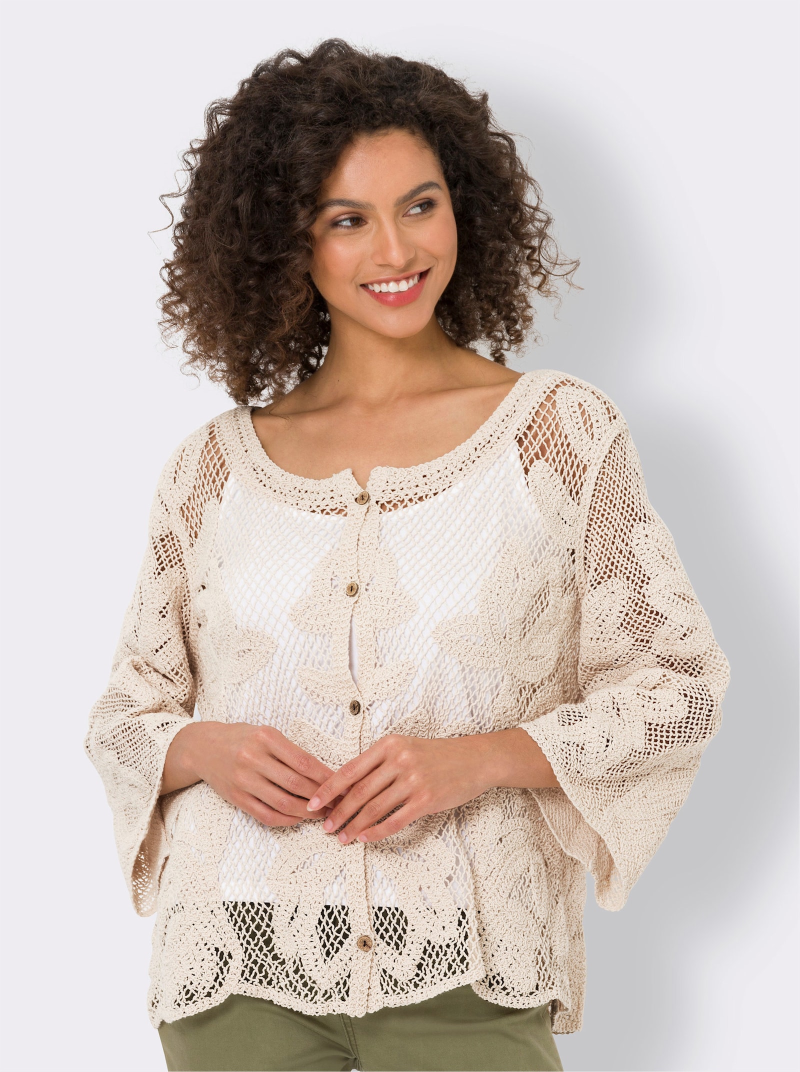 heine Strickjacke mit Makramee-Spitze - sand