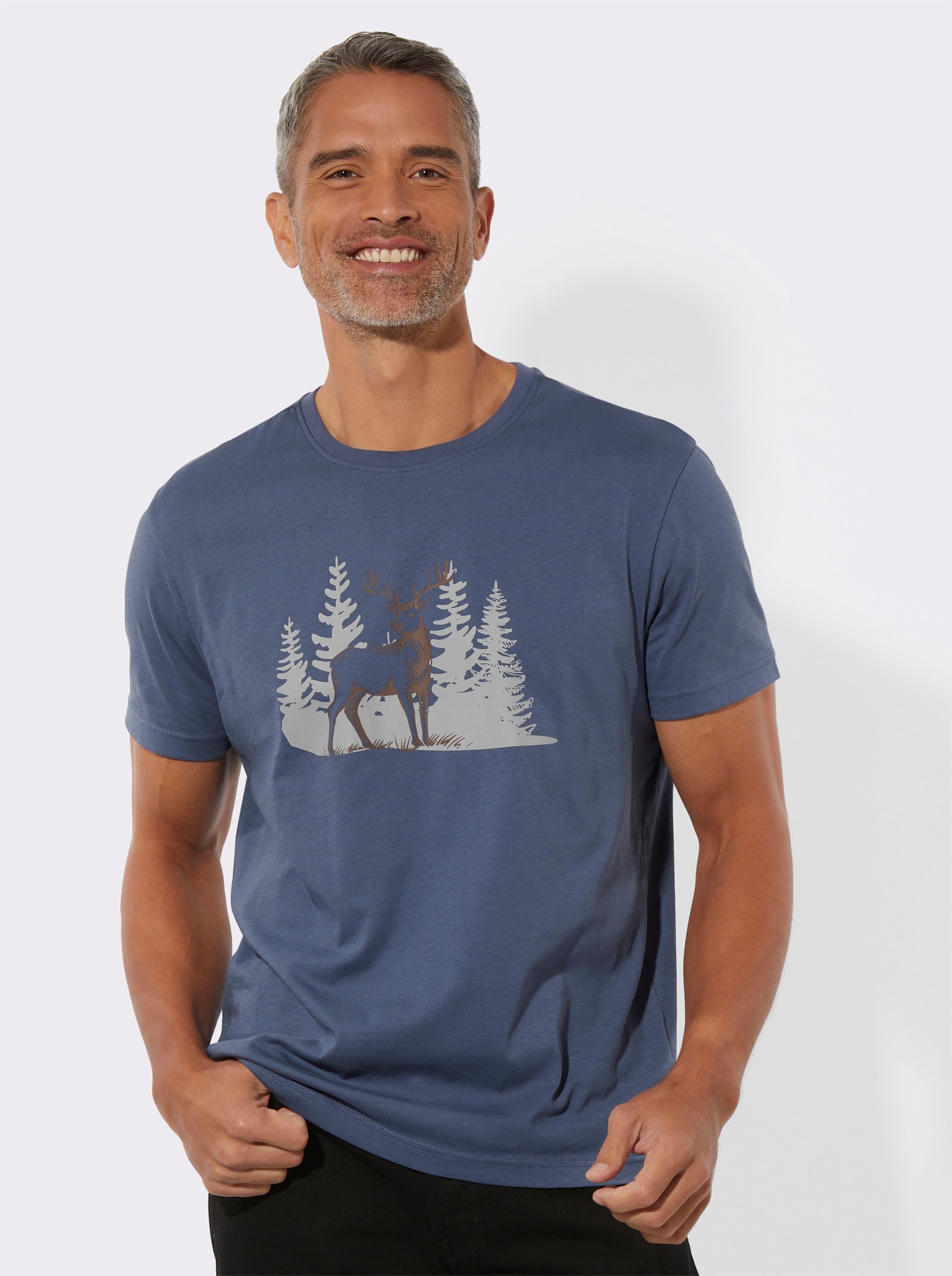 Kurzarmshirt mit platziertem Hirsch-Druck - rauchblau