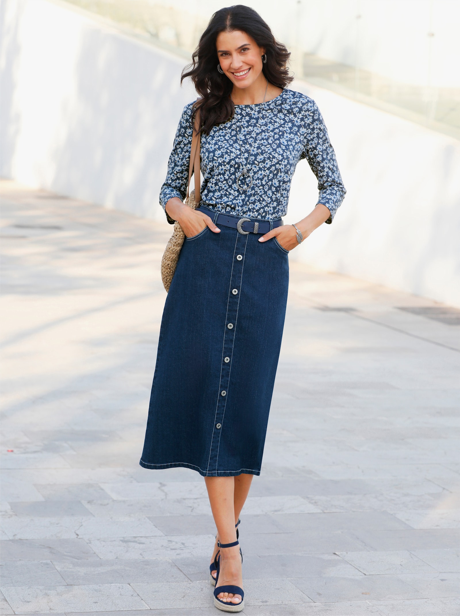 Rundhalsshirt mit Blümchen-Print - rauchblau-bleu-bedruckt