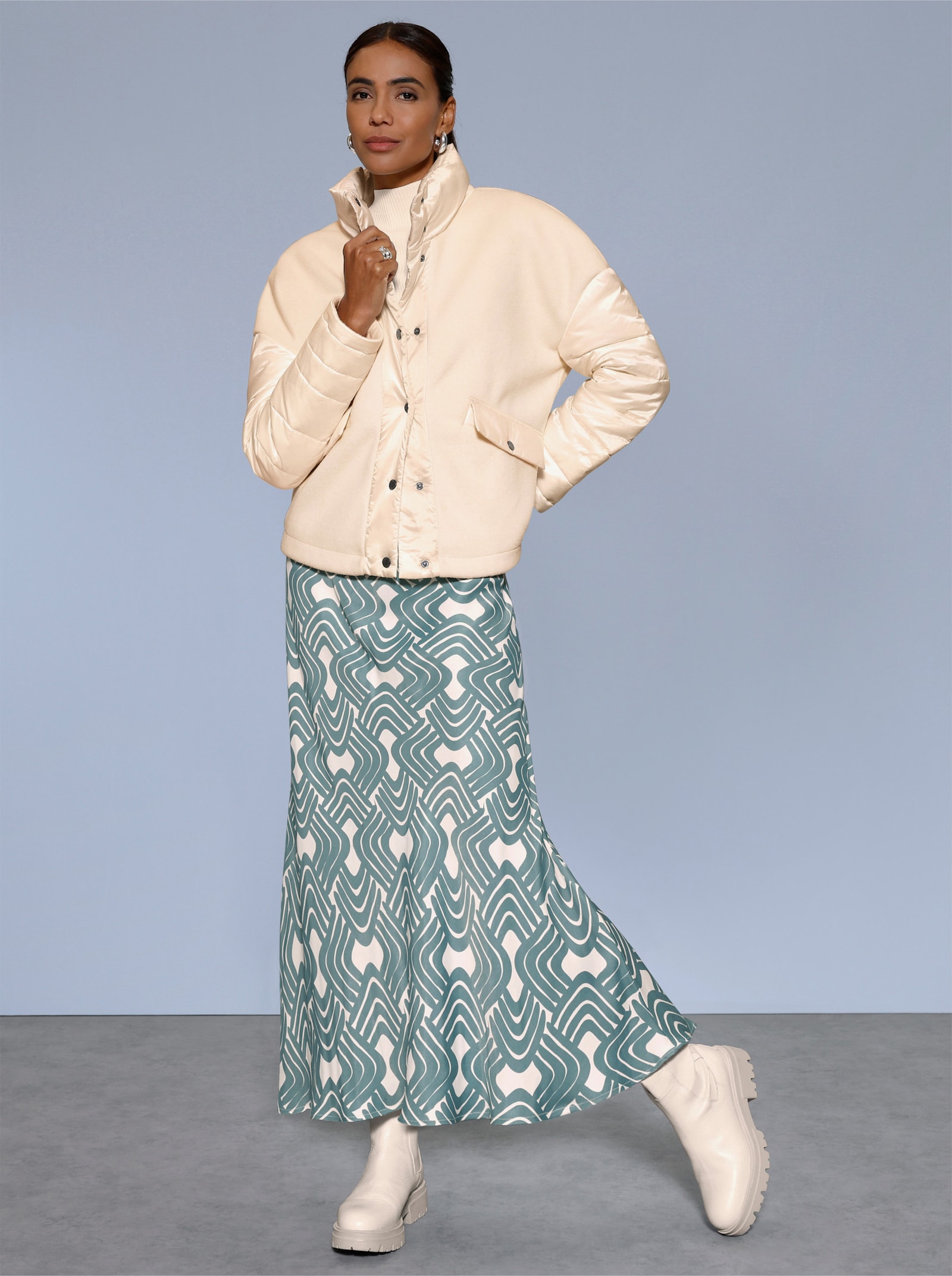 Schlupfrock im grafischen Druckmuster - jade-champagner-bedruckt