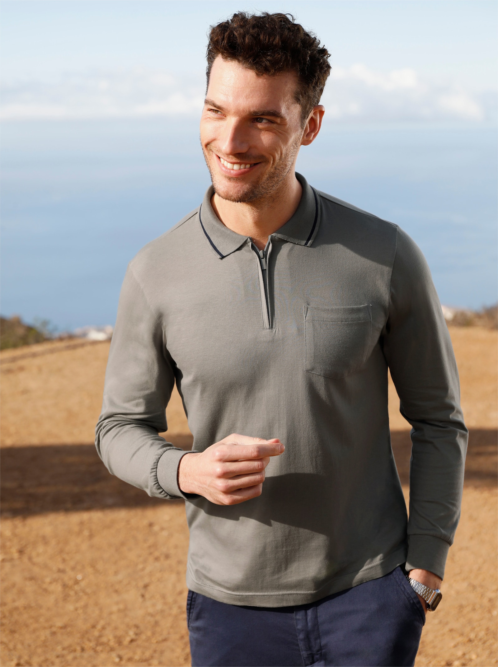 Catamaran Langarm-Poloshirt mit Reissverschluss - taupe