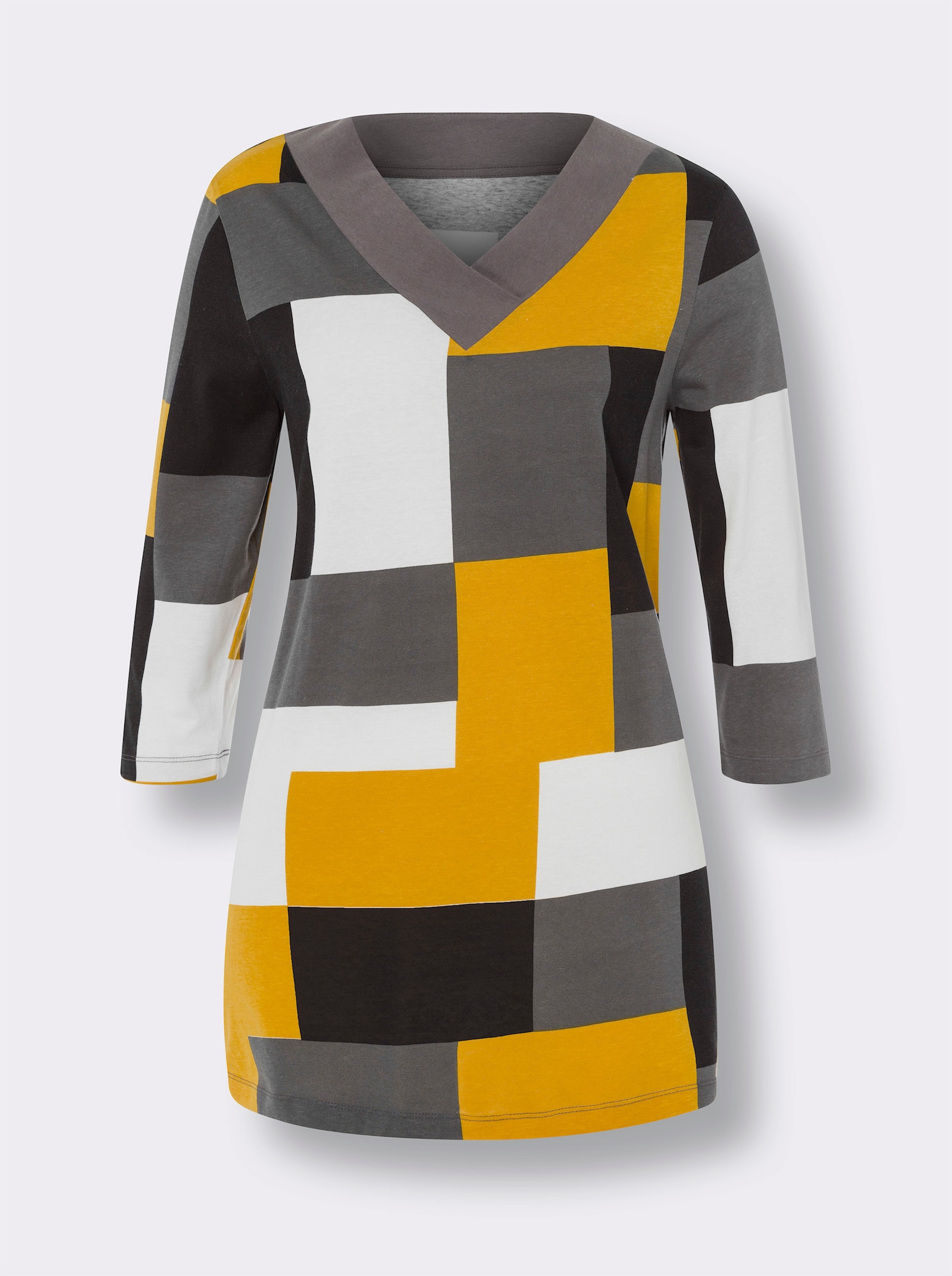 Lang shirt in A-lijn - zwart/oker bedrukt