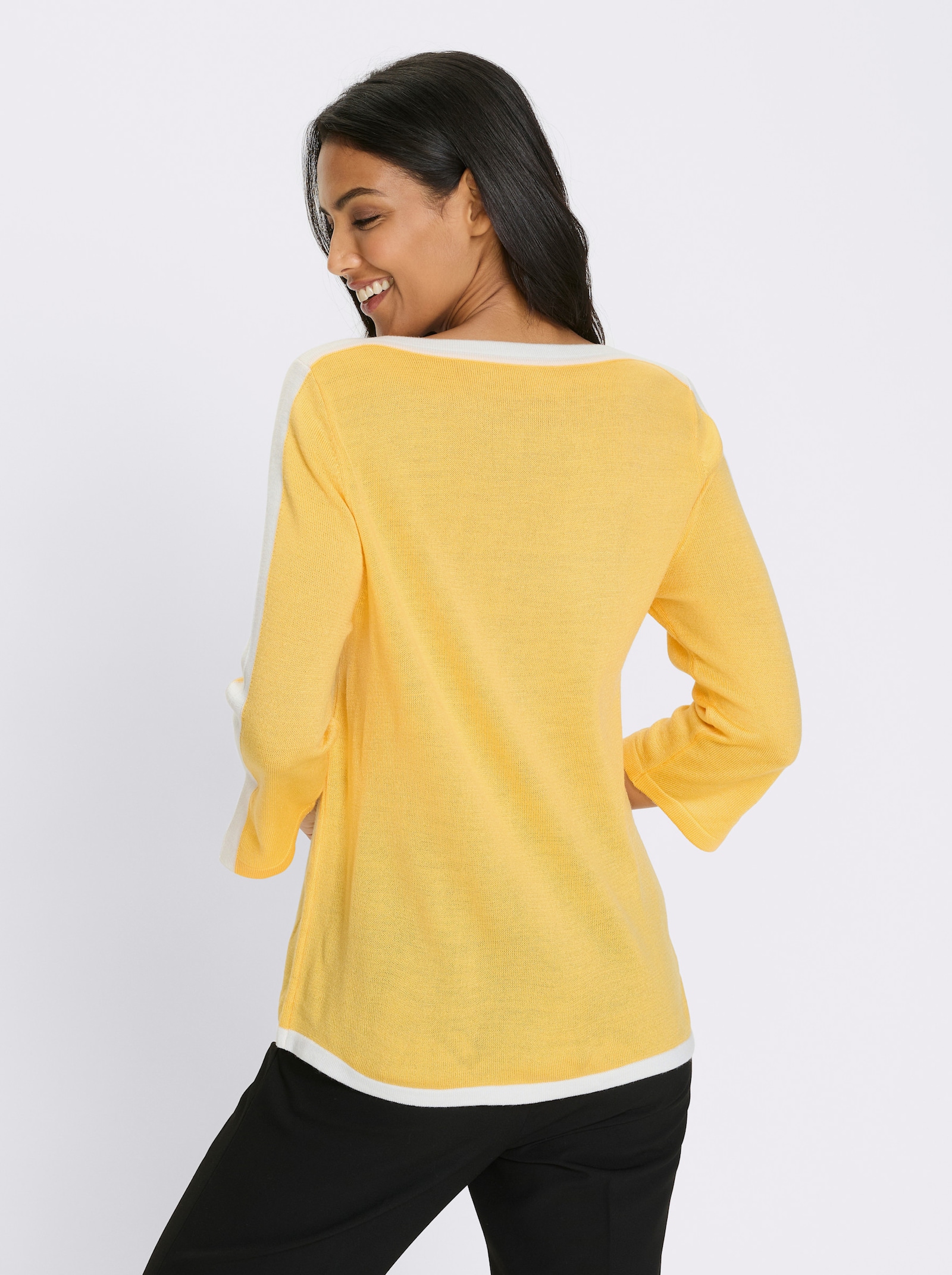 Pullover met 3/4-mouwen en contrastkleurige details - geel/wit