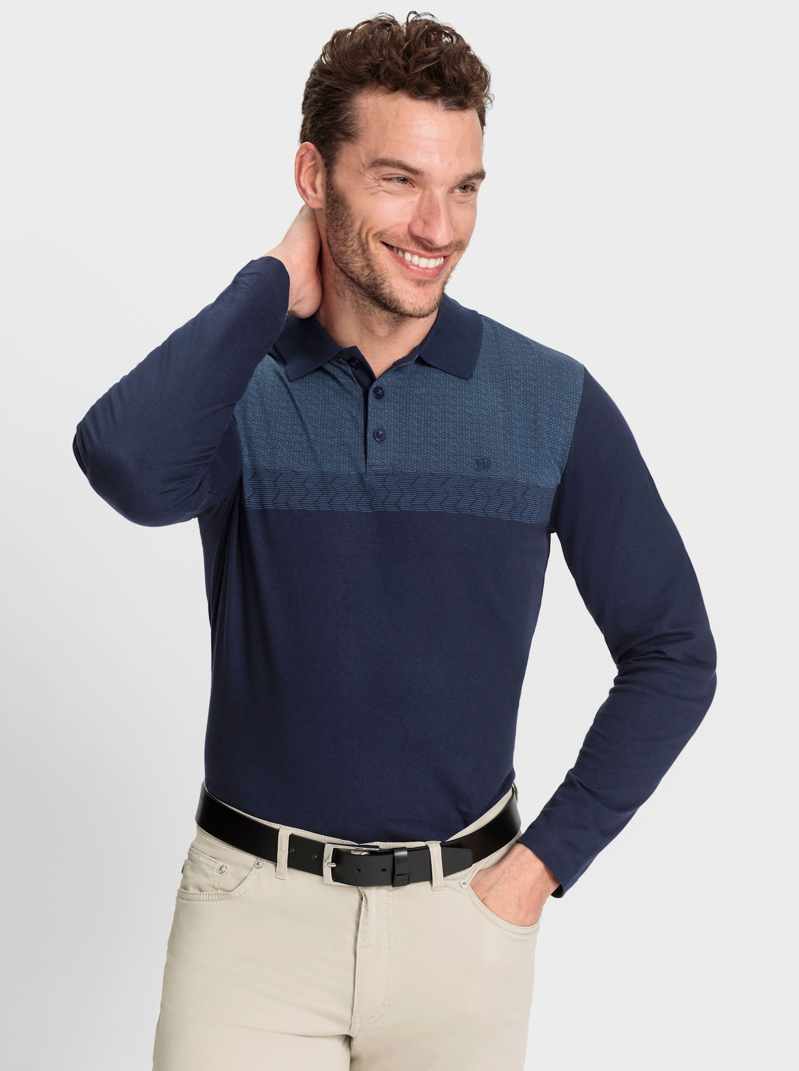Marco Donati Langarm-Poloshirt - marine-jeansblau-bedruckt