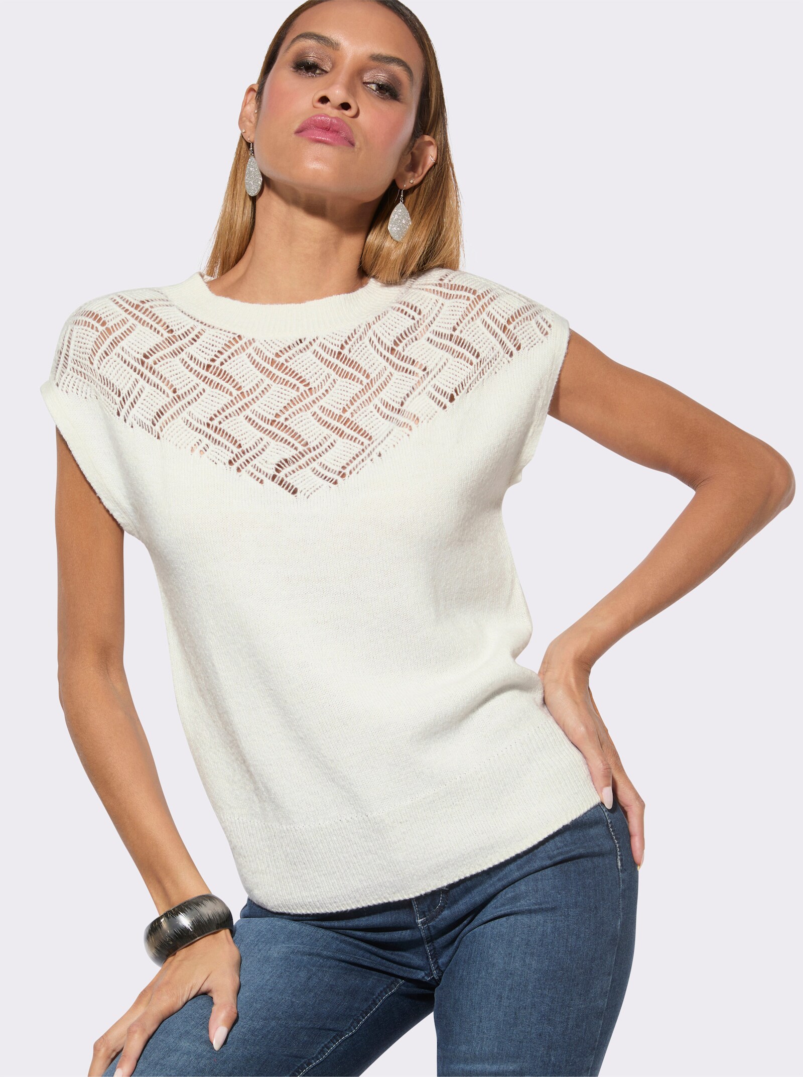 Ajourpullover mit Ajourmuster im Vorderteil - ecru