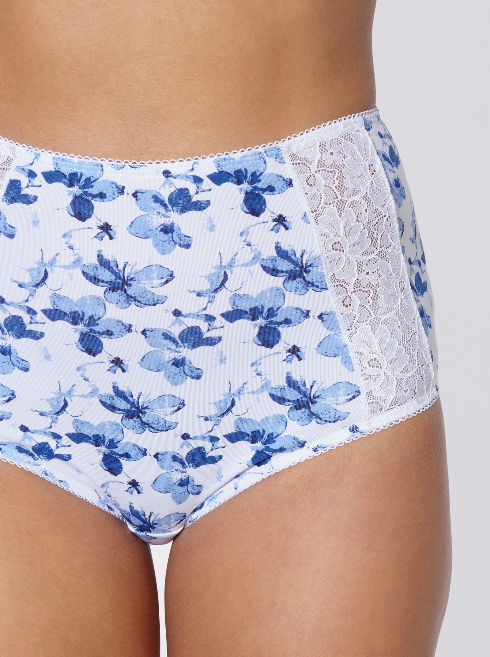 Taillenslip mit Spitzen-Einsätzen - weiß-marine-bedruckt + marine