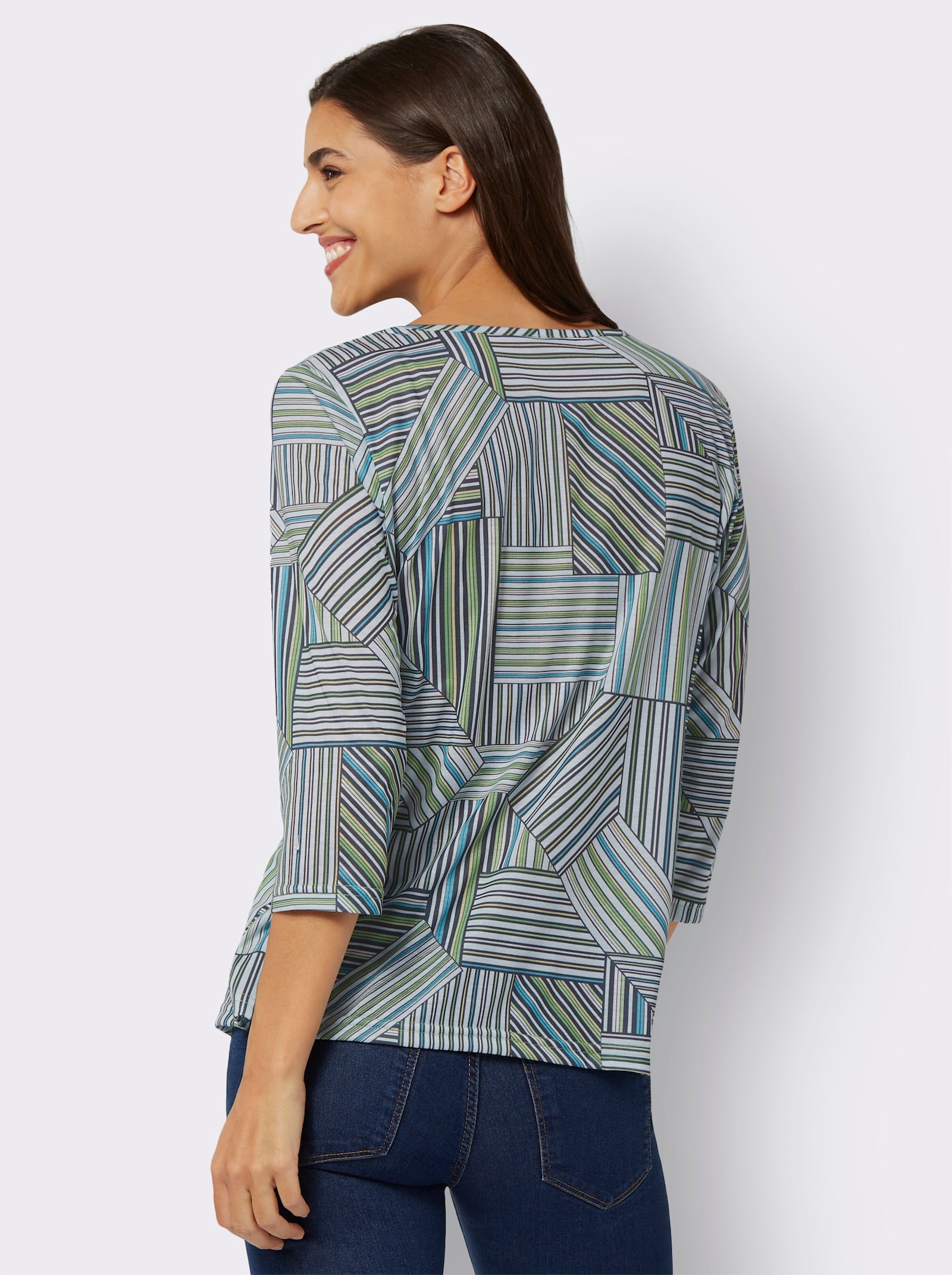 Tričko s 3/4 rukávem a patchworkovým potiskem - tyrkysová-jablková-potisk