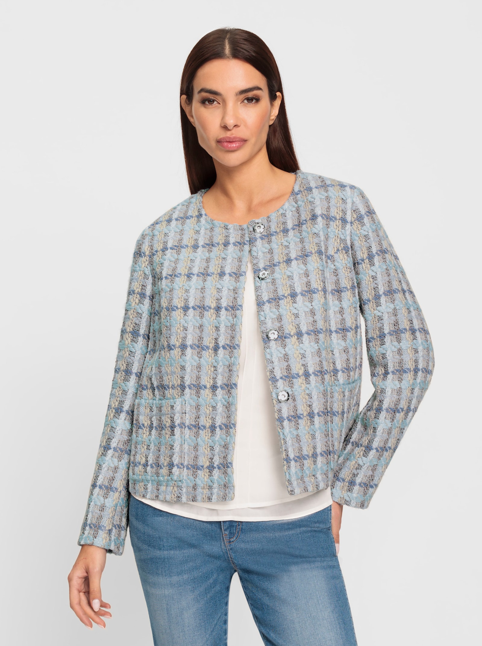 heine Bouclé-Blazer mit verdeckter Druckknopfleiste - sesam-hellblau-gemustert