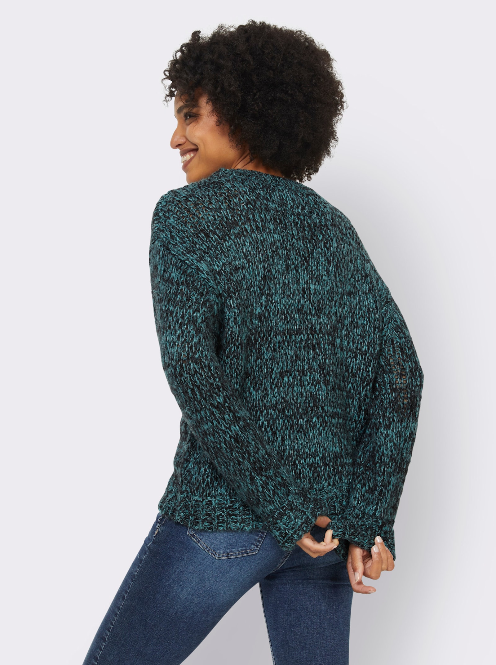 heine Rundhalspullover in Melange-Optik - schwarz-ozean-meliert