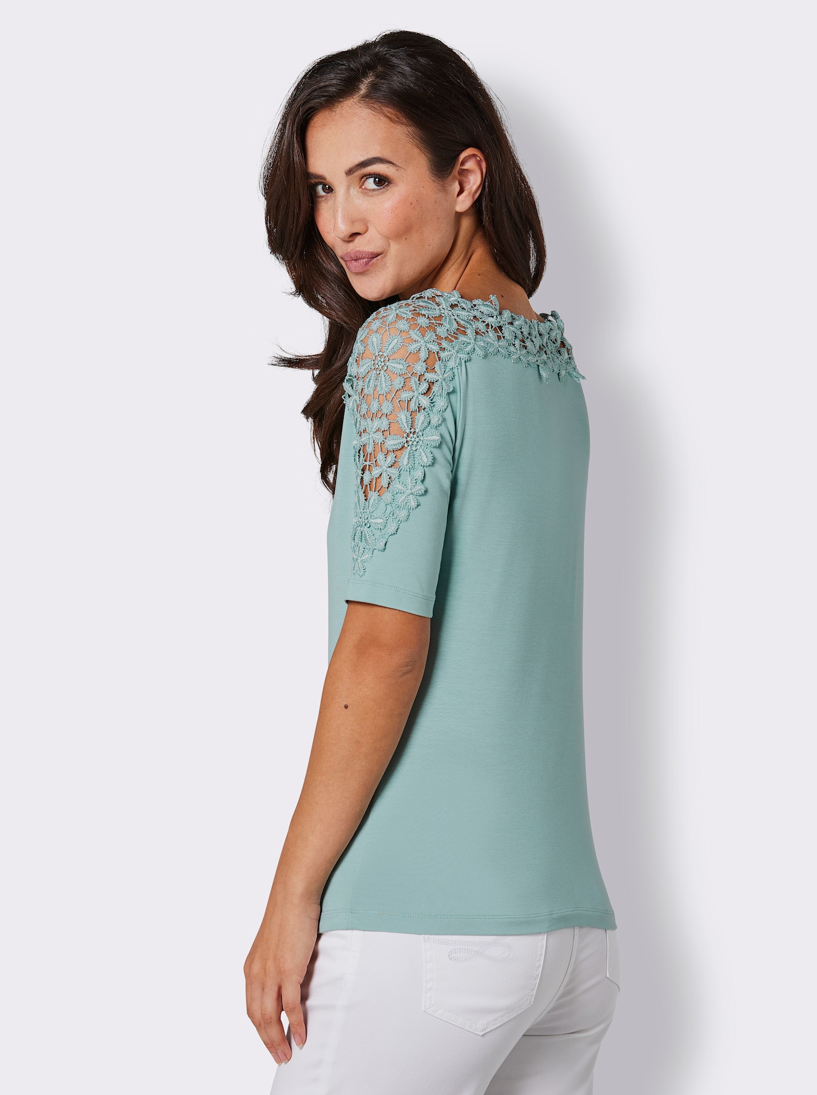 CREATION L PREMIUM Kurzarmshirt mit floraler Spitze - kalkmint