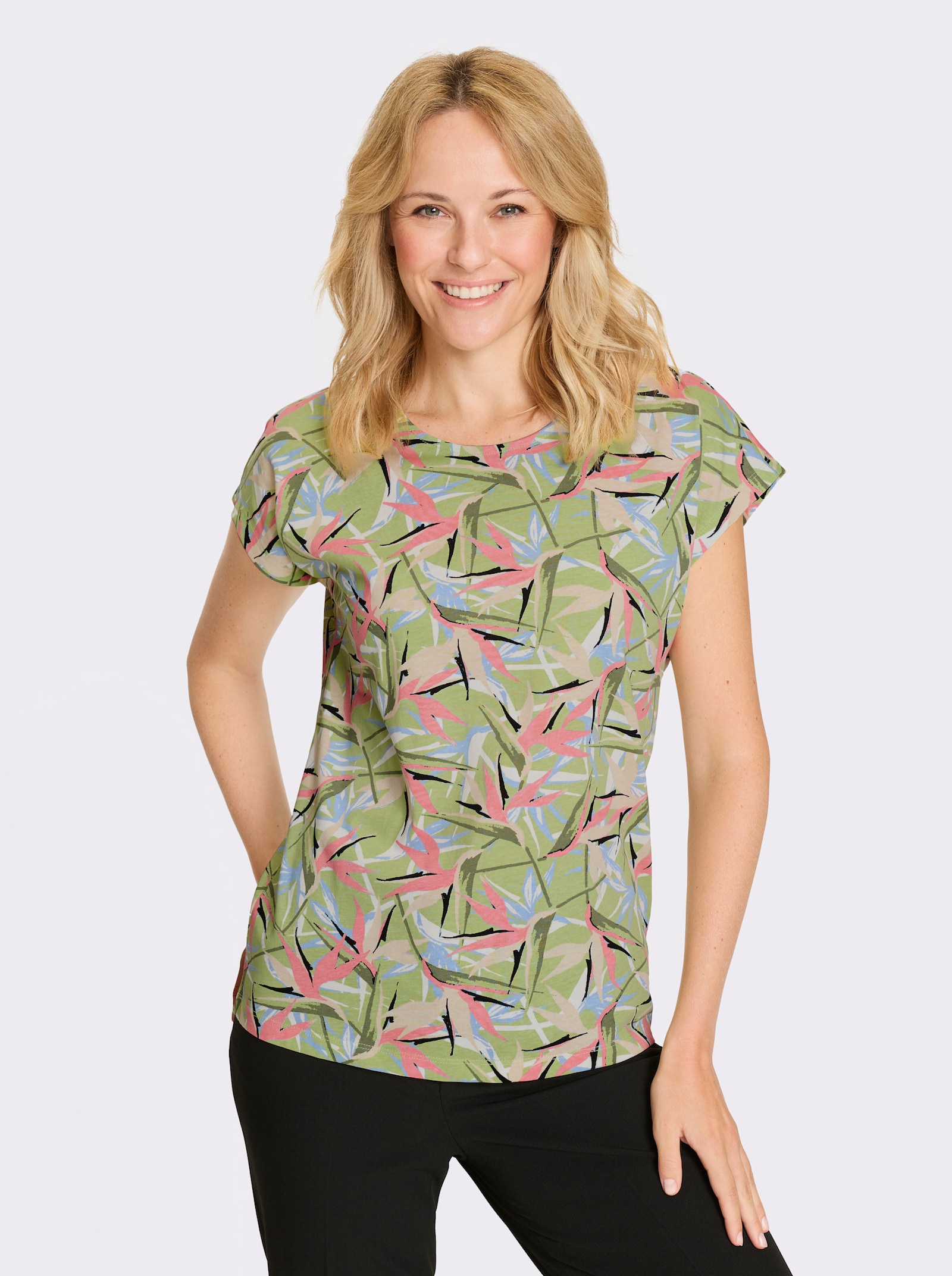 Tričko, krátke rukávy, kvetová potlač - lipovo zelená-plameniaková potlač