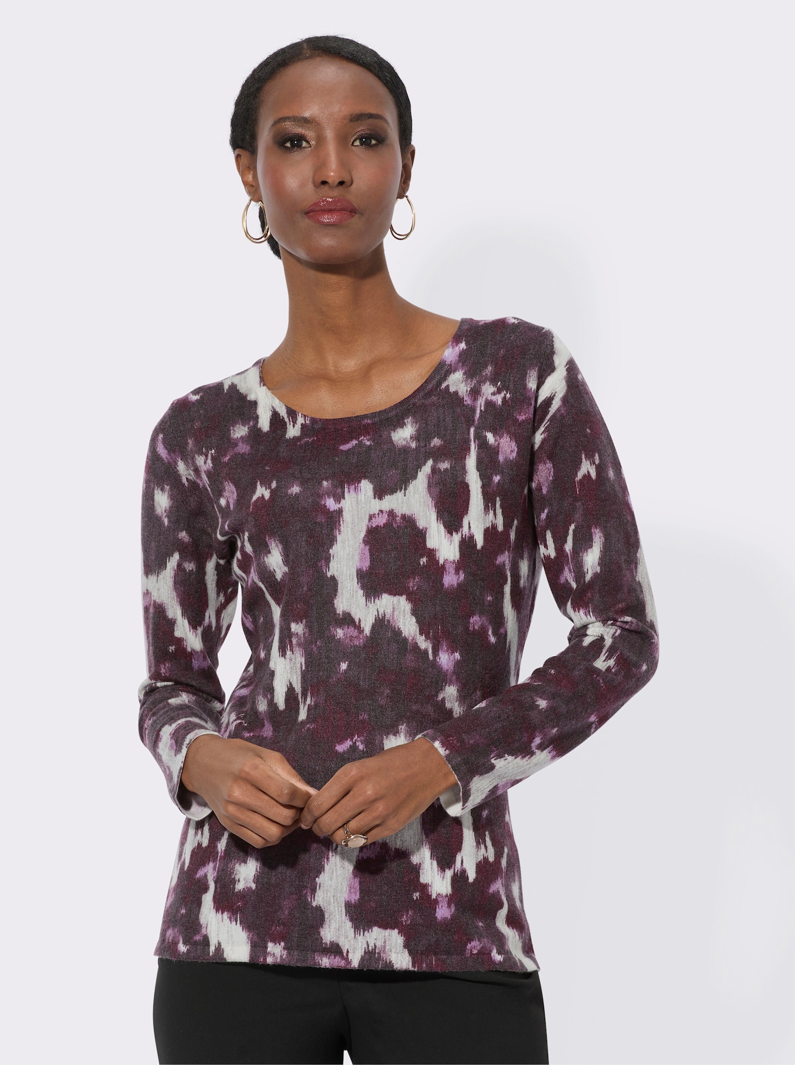 Langarm-Pullover mit Blüten-Druck - ecru-aubergine-bedruckt