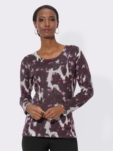 Langarm-Pullover mit Blüten-Druck - ecru-aubergine-bedruckt