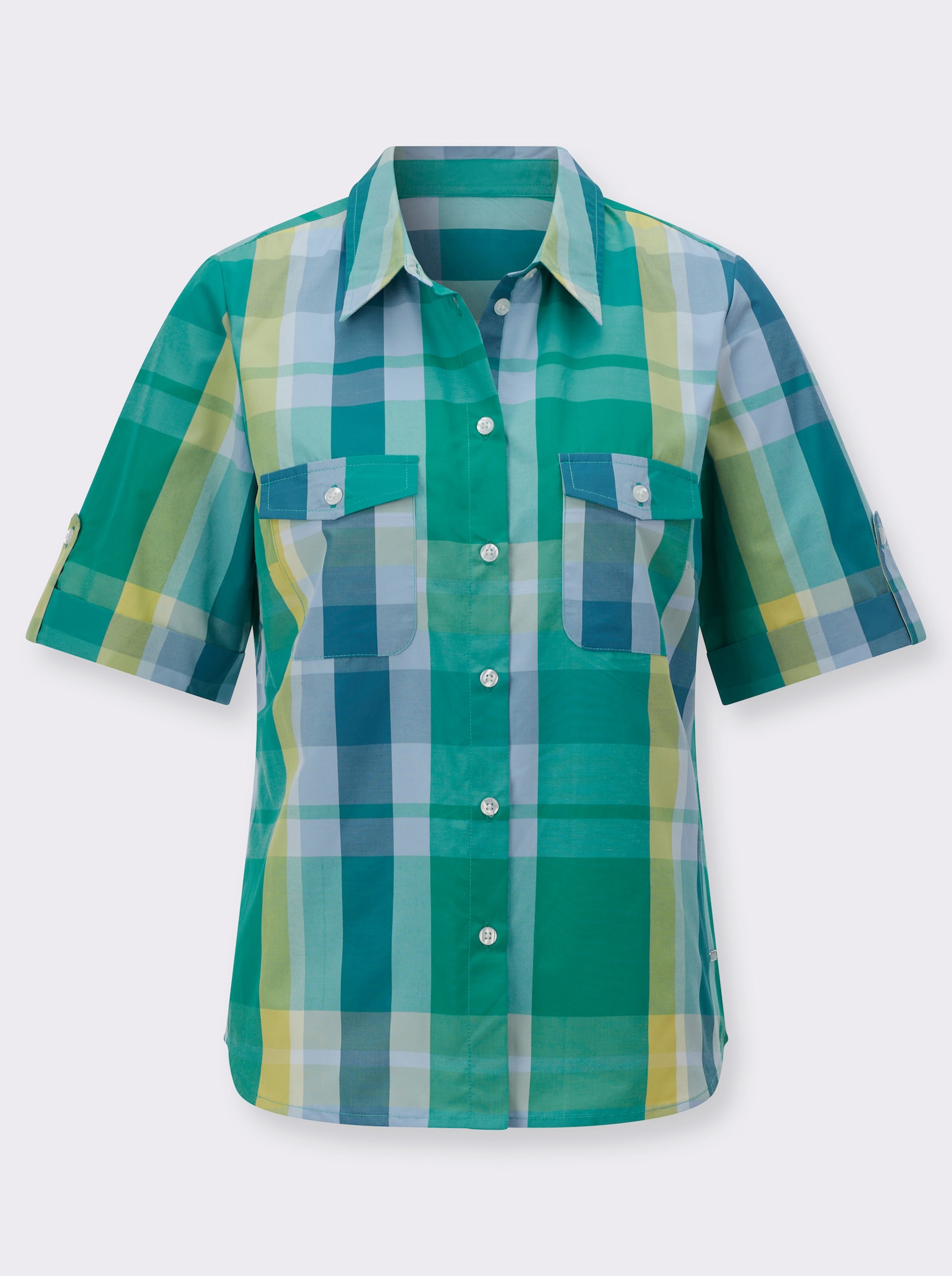 Karobluse im Baumwoll-Polyester-Mix - smaragd-bleu-kariert