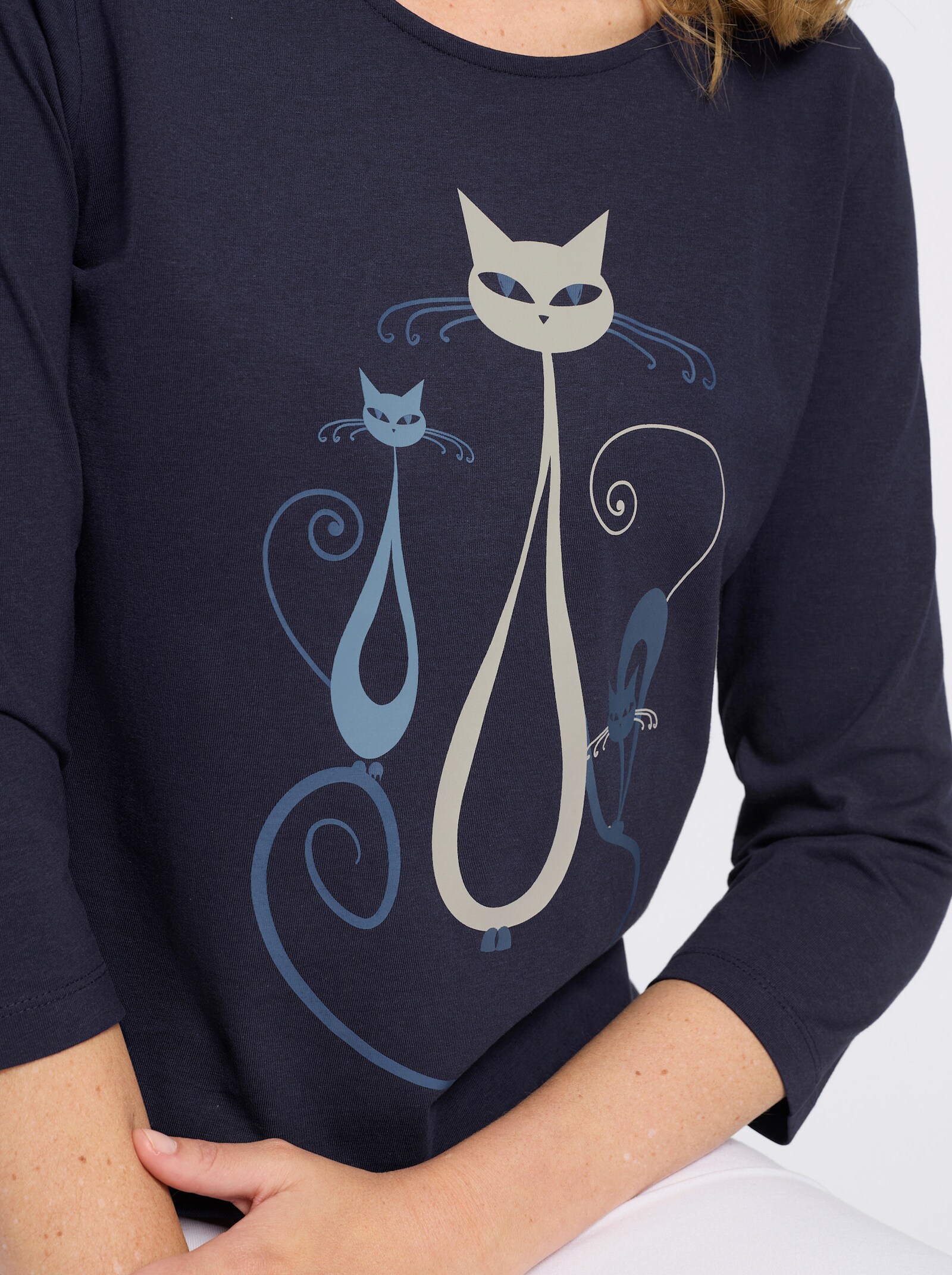 3/4-Arm-Shirt mit Katzen-Druck - marine-jeansblau-bedruckt