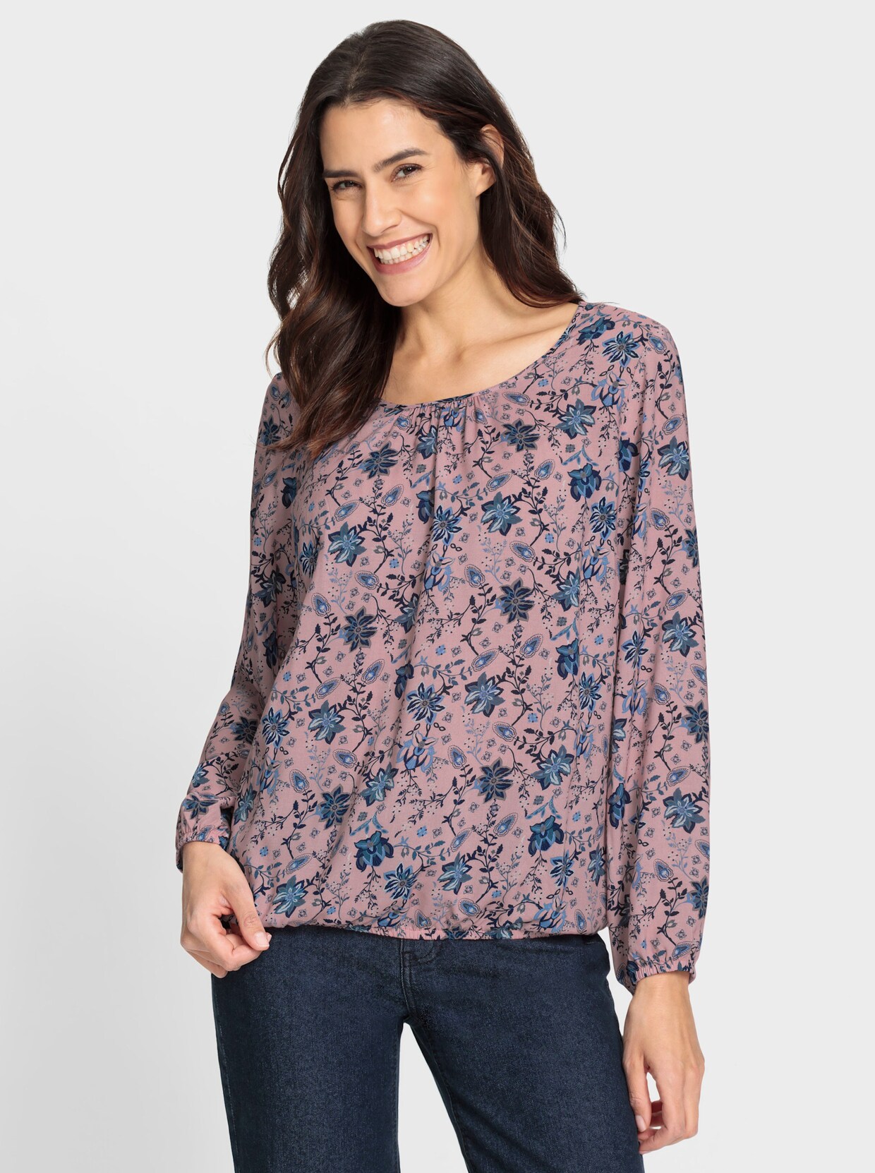 Comfortabele blouse - rozenkwarts/marine bedrukt