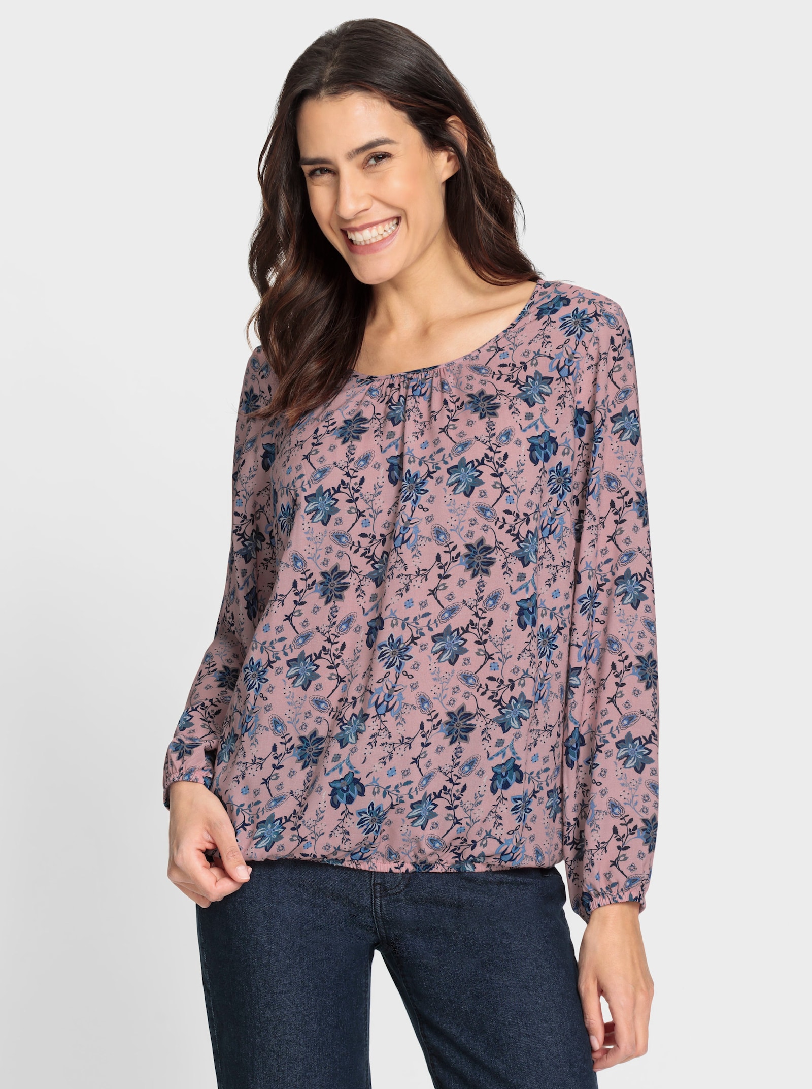 Schlupfbluse in Blüten-Dessin - rosenquarz-marine-bedruckt
