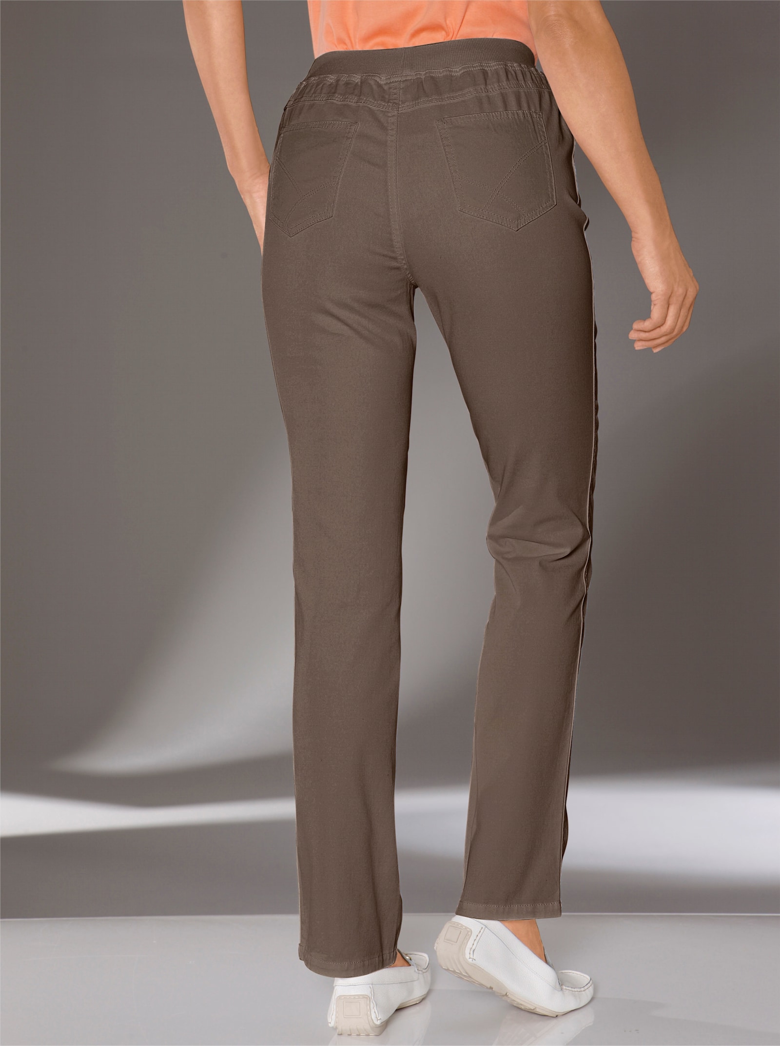 Stretchjeans met comfortband rondom - taupe