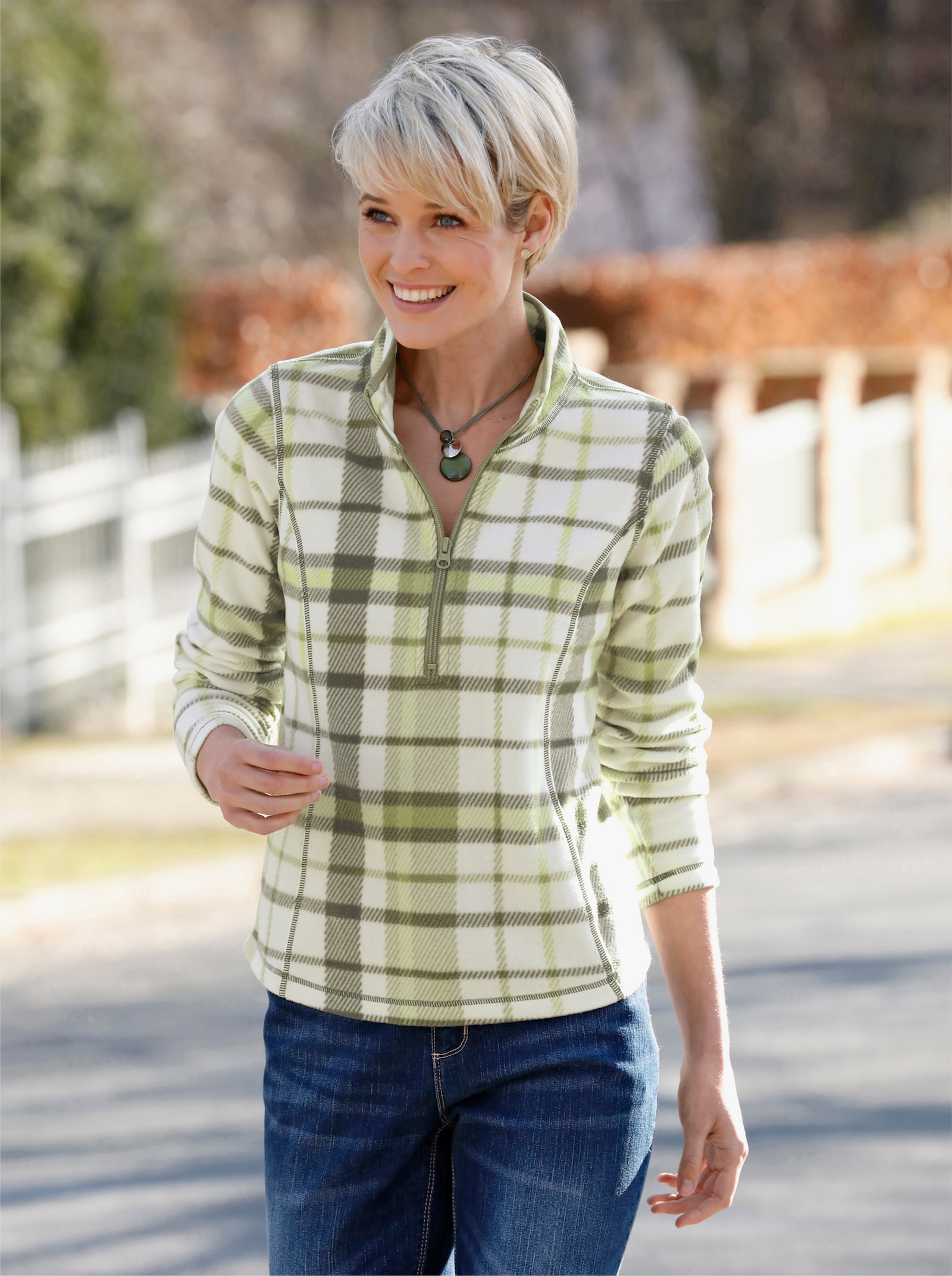 Fleeceshirt met elastische paspels - rietgroen/ecru geruit