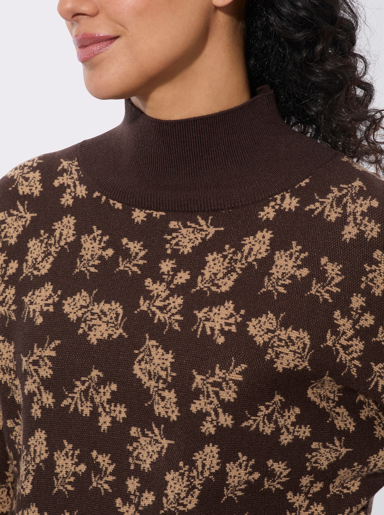 Stehkragenpullover mit floralem Print - schoko-camel-gemustert