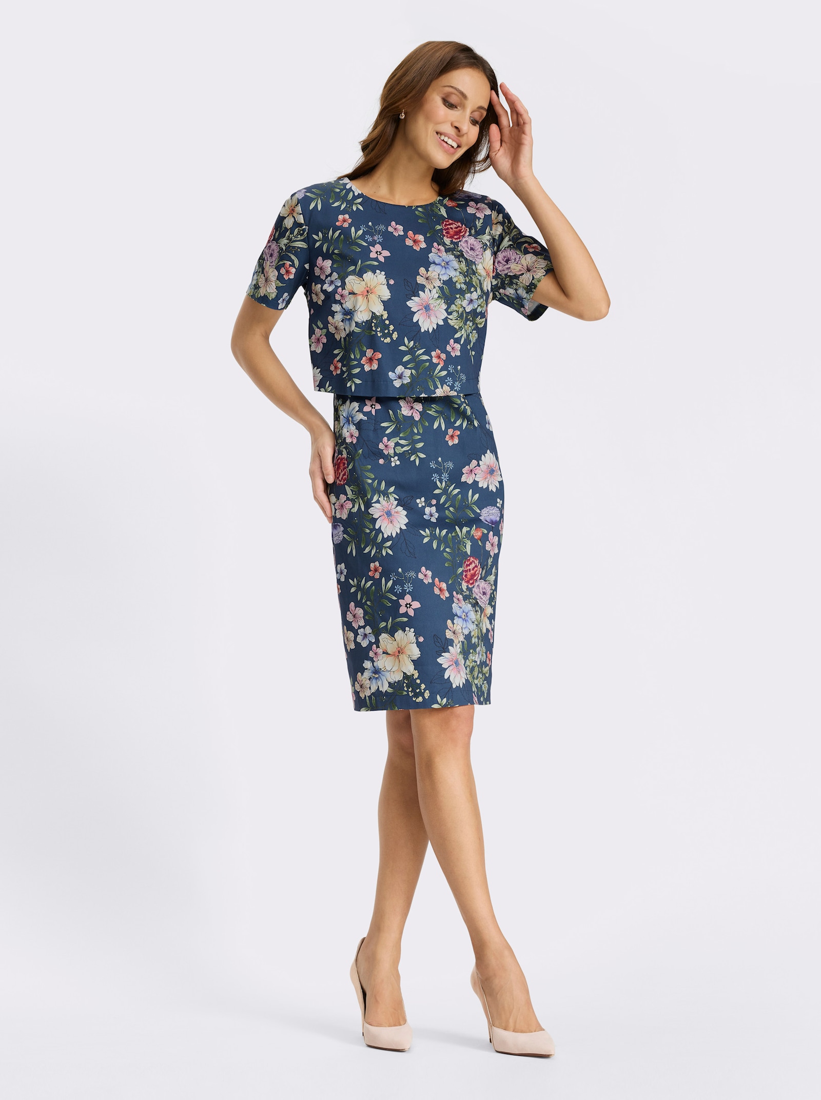 Druckkleid in Web-Qualität - dunkelblau-orchidee-bedruckt