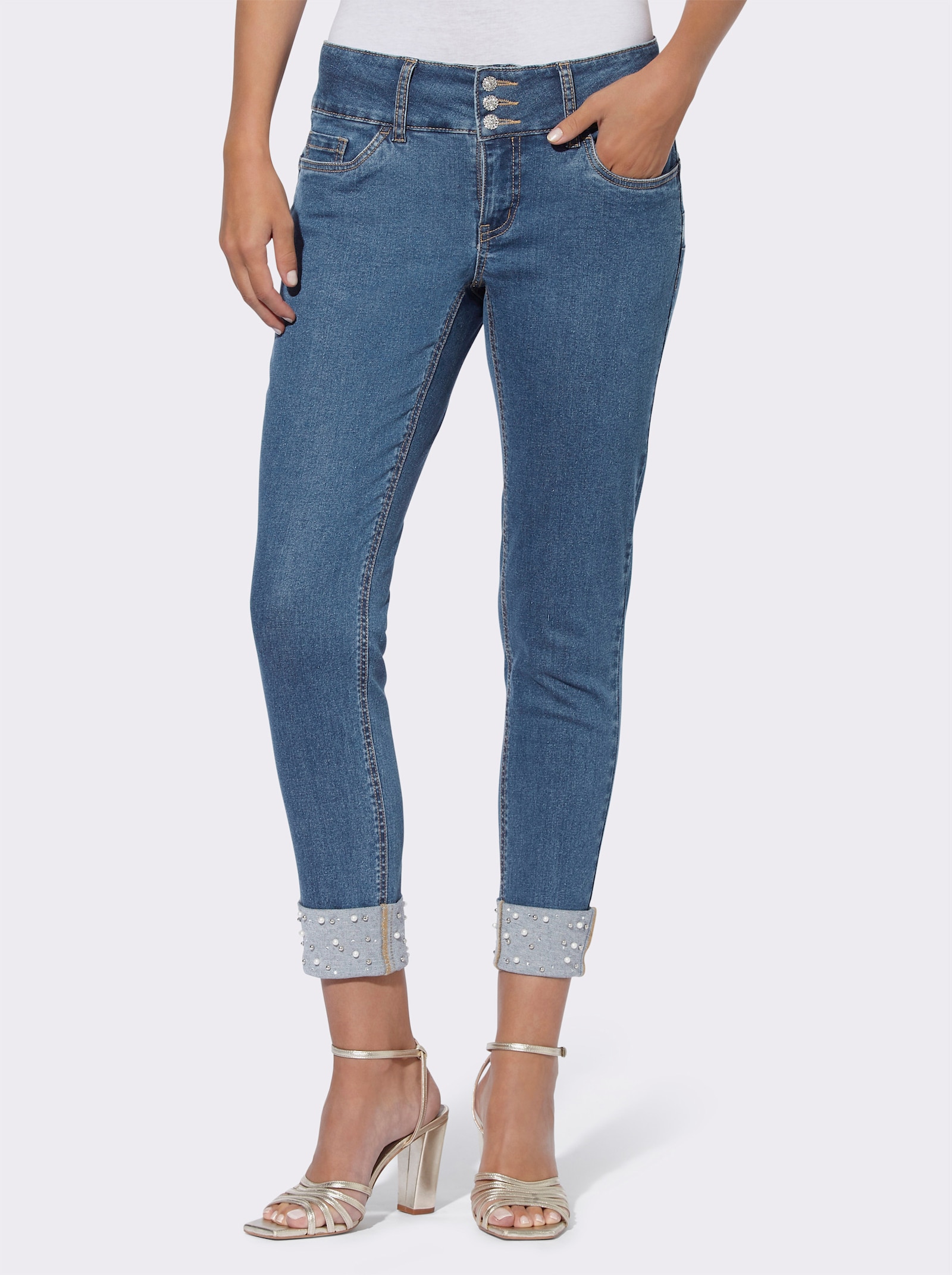 heine Push-up-jeans met sierkralen en -steentjes op de omslag - blue-bleached