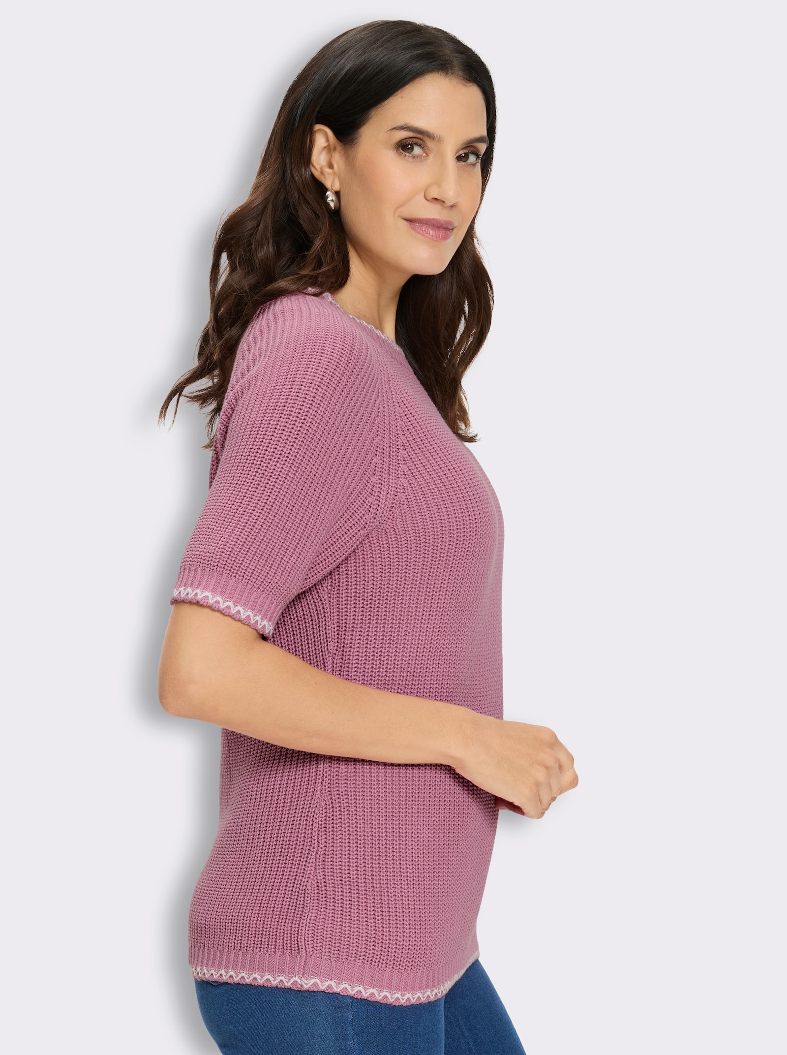Kurzarmpullover mit Kontrast-Zierstichen - altrosa-ecru-gemustert