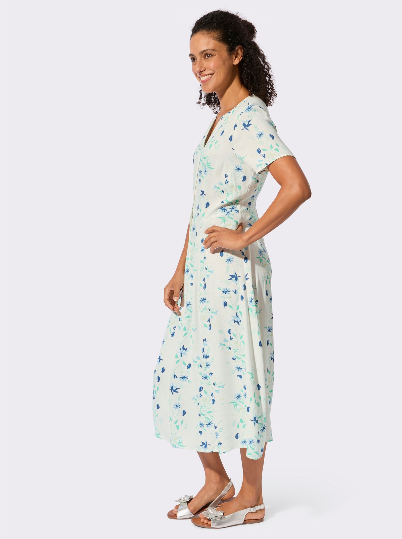 Webkleid in Bahnenform - ecru-blaugrün-bedruckt