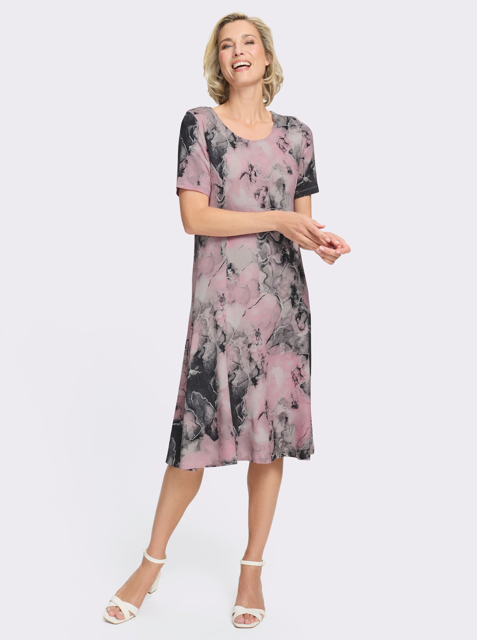 Jerseykleid mit Wiener Nähten - rosé-steingrau-bedruckt