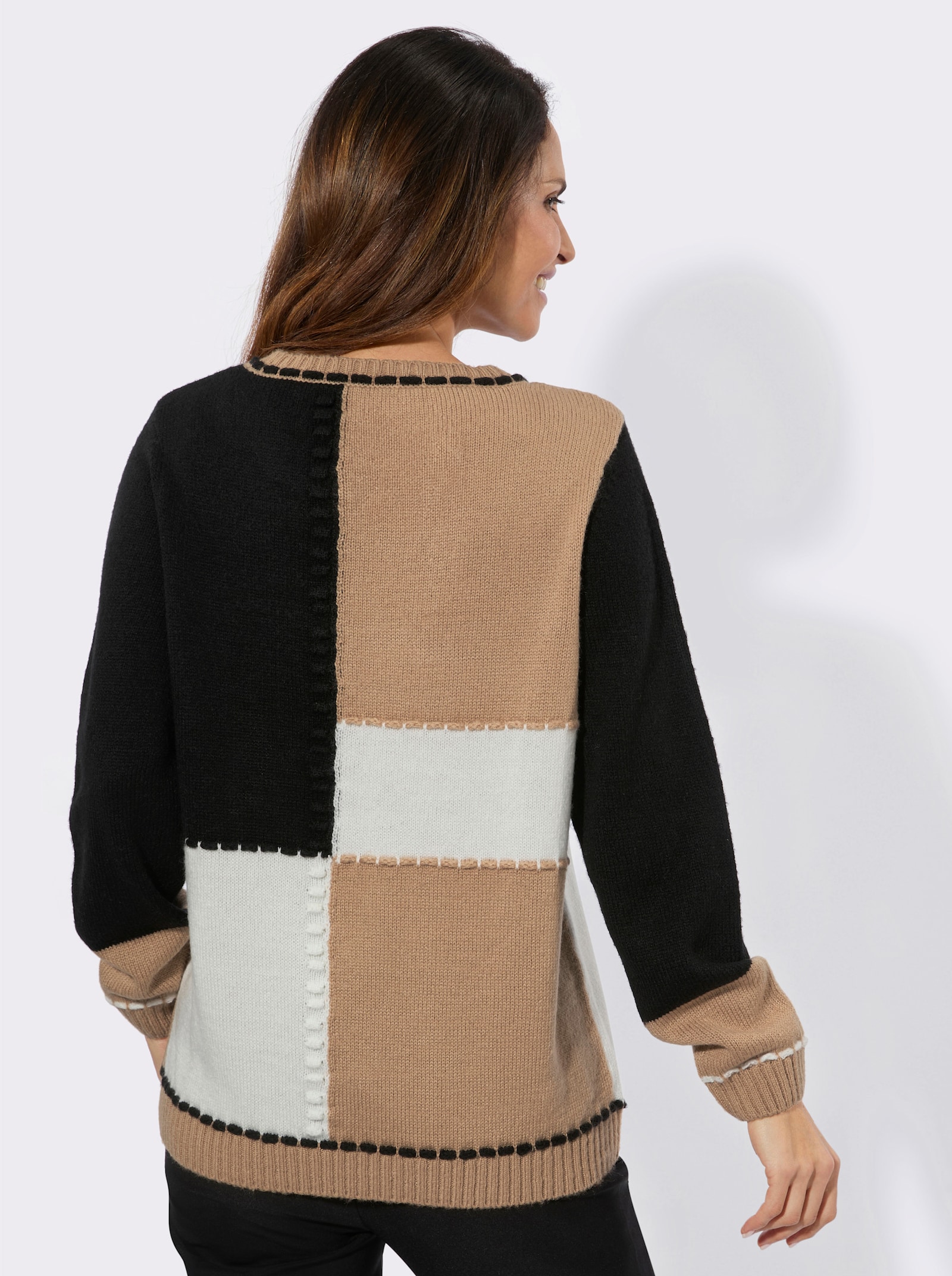 Langarm-Pullover in Colour-Blocking-Optik - camel-schwarz