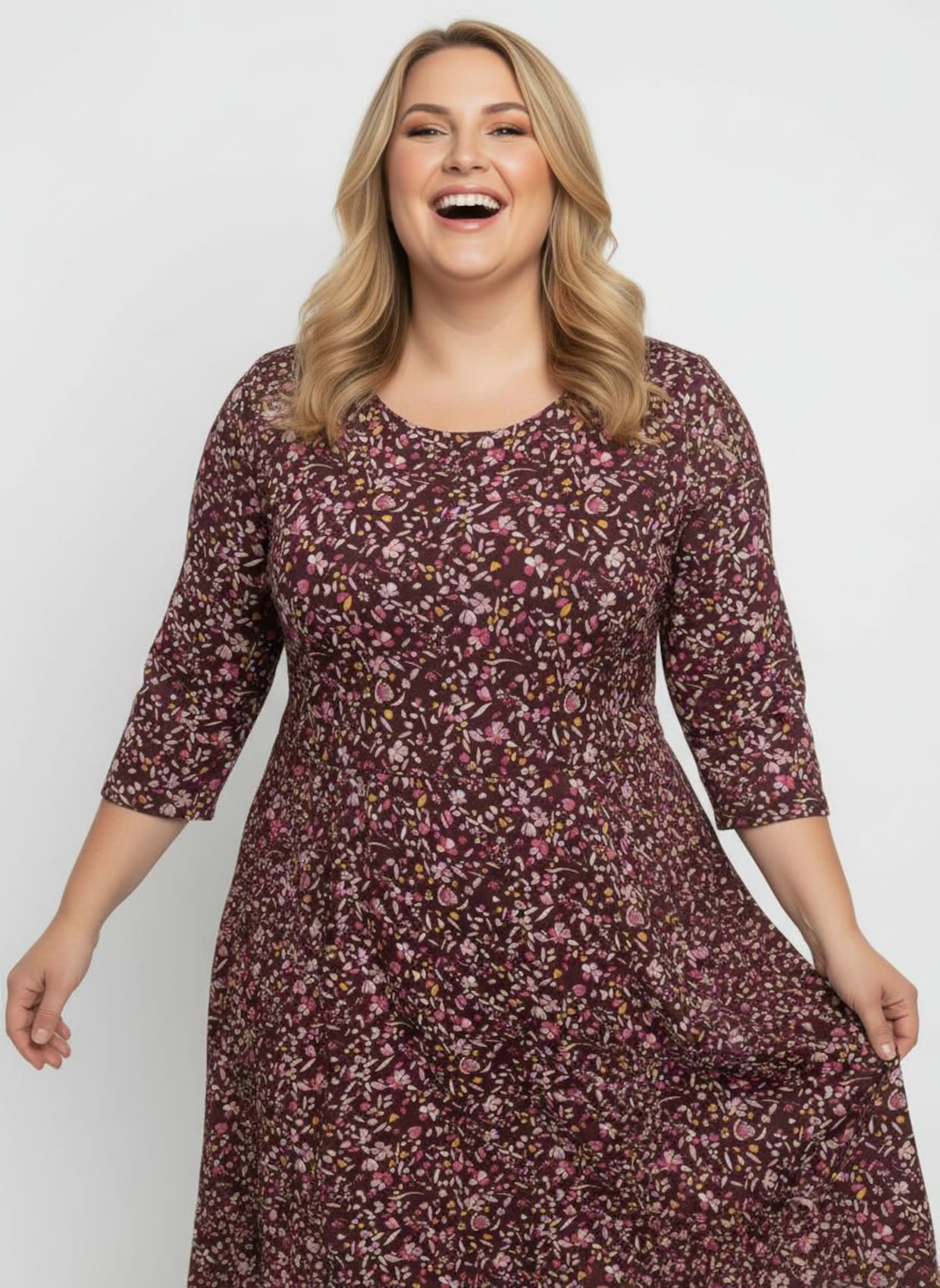 Webkleid mit Smok-Einsatz - burgund-mauve-bedruckt