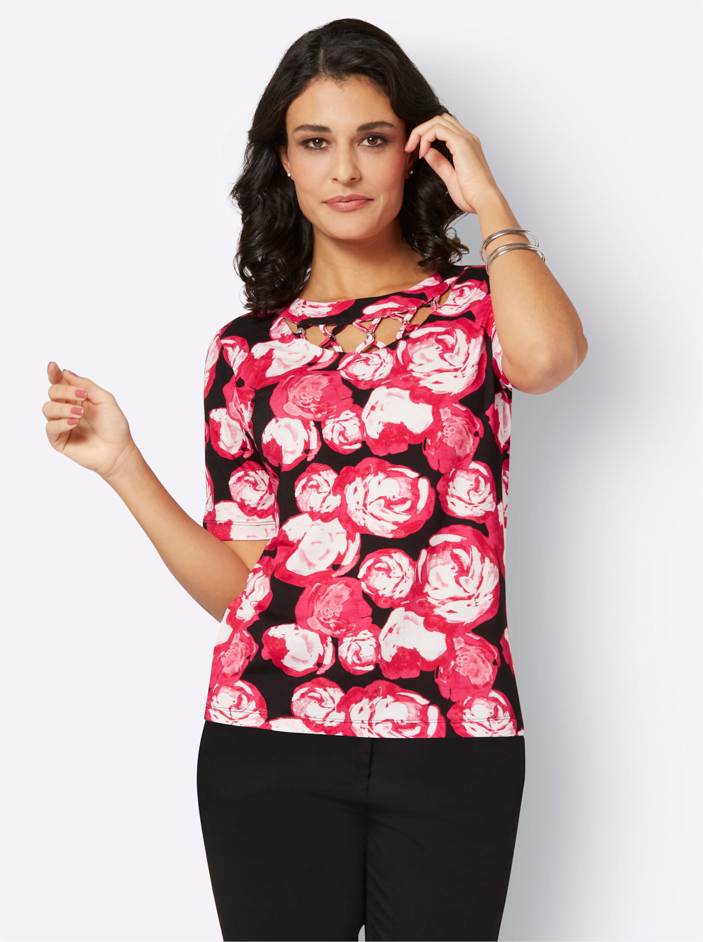 Witt Damen Shirt, schwarz-pink-bedruckt