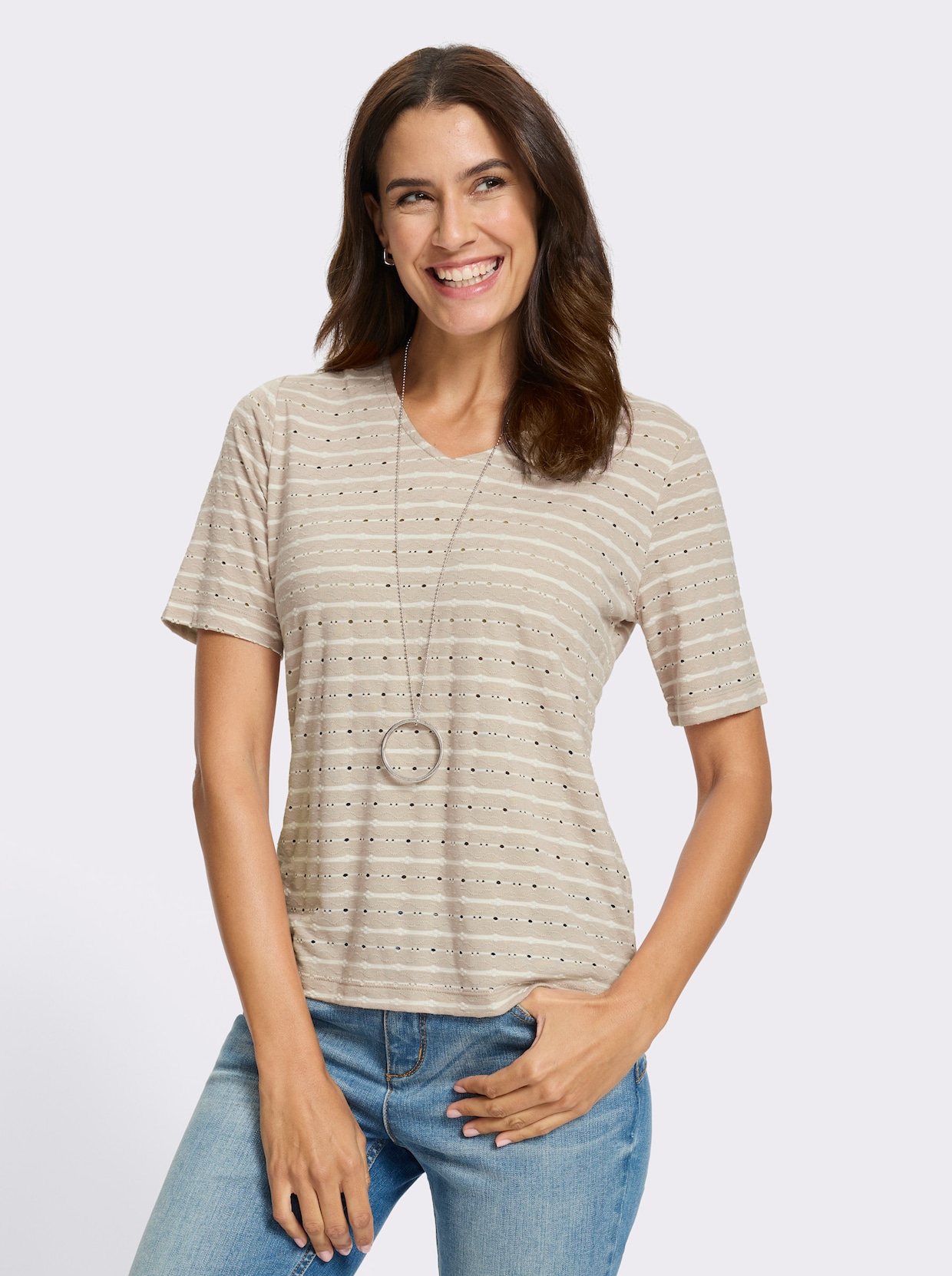 V-Shirt - ecru-sand-gemustert