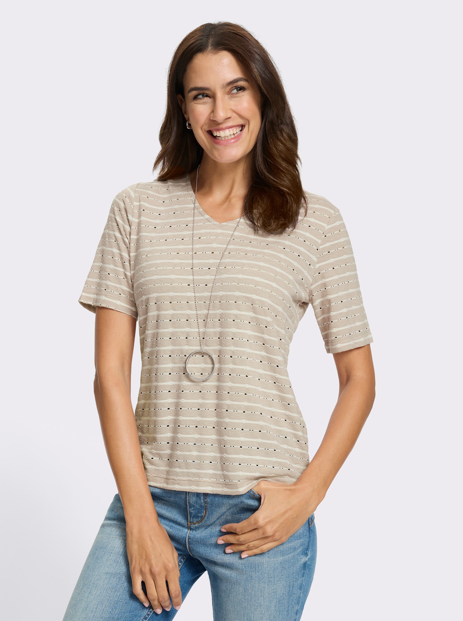V-Shirt in Stretch-Qualität - ecru-sand-gemustert