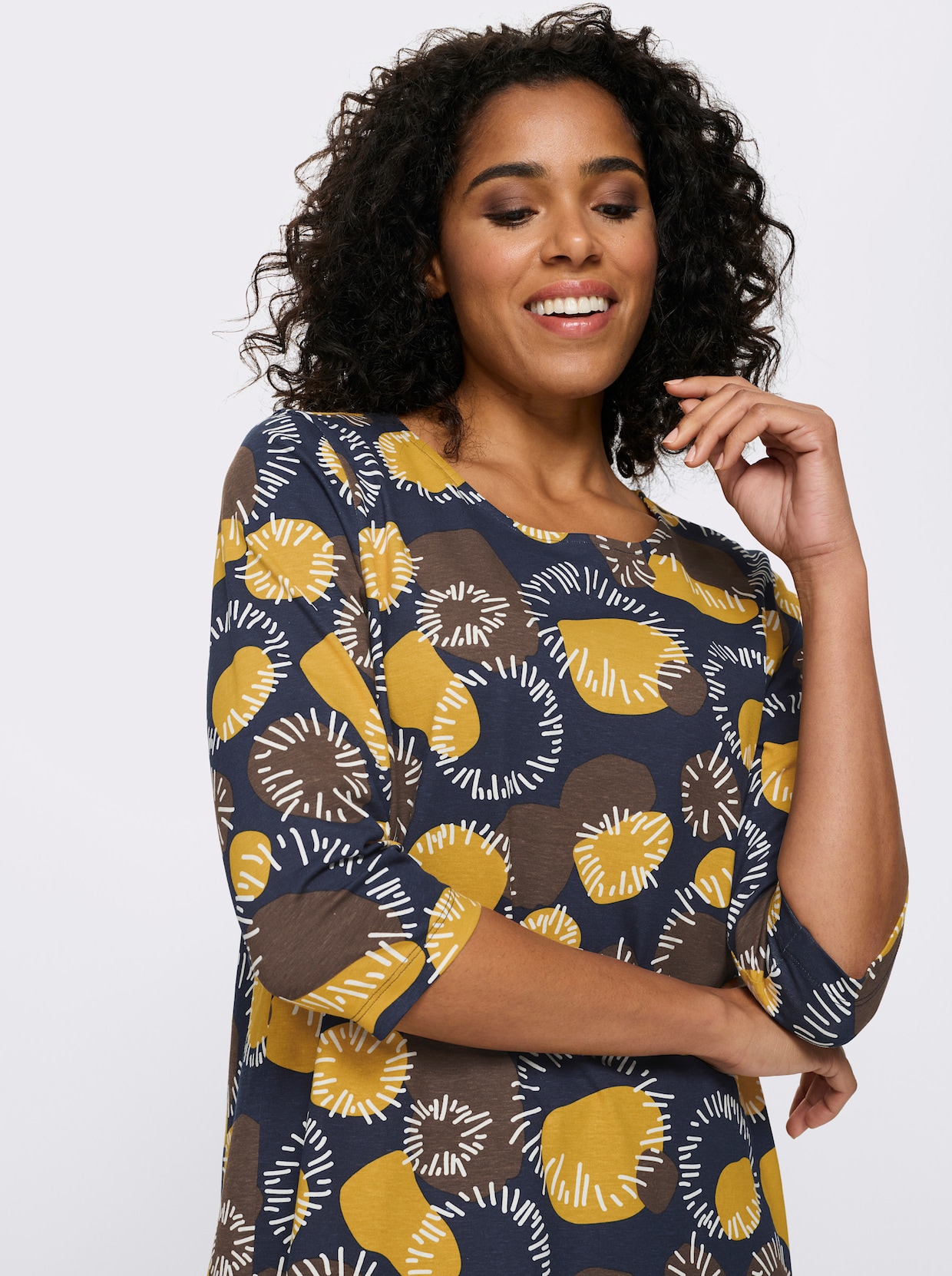 Longshirt mit 3/4-Ärmeln, Baumwolle - schoko-ocker-bedruckt