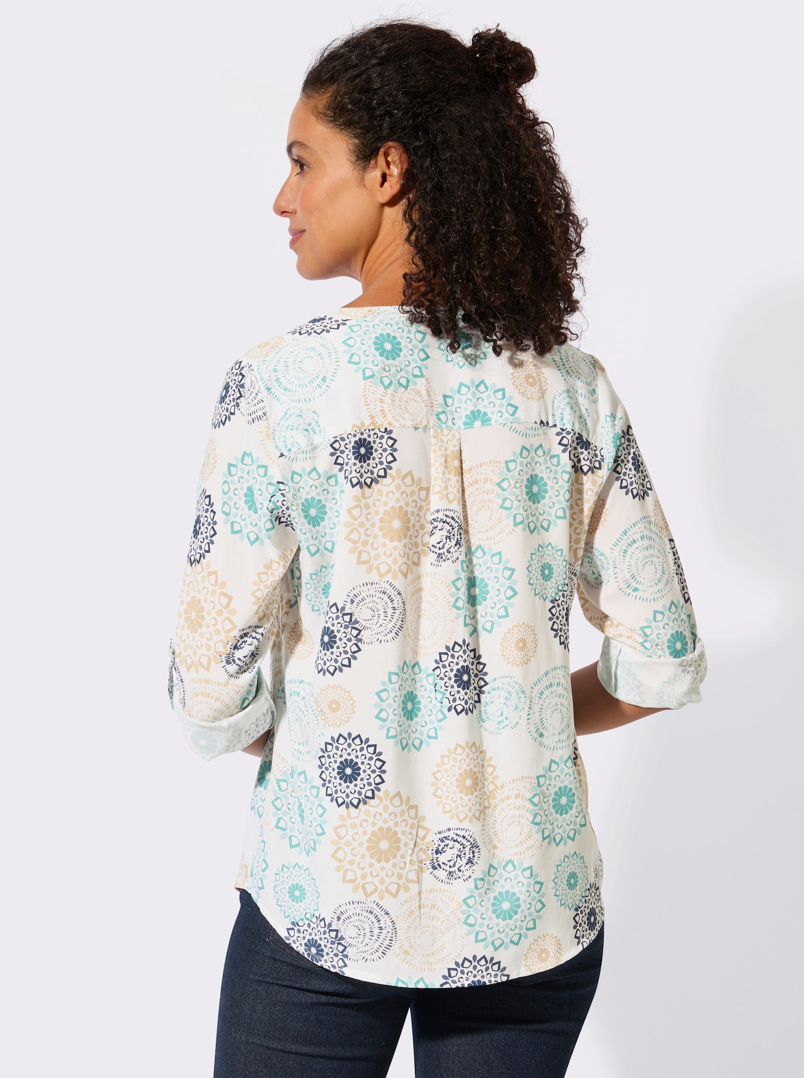 Blouse met lange opstroopbare mouwen - ecru/oceaan bedrukt
