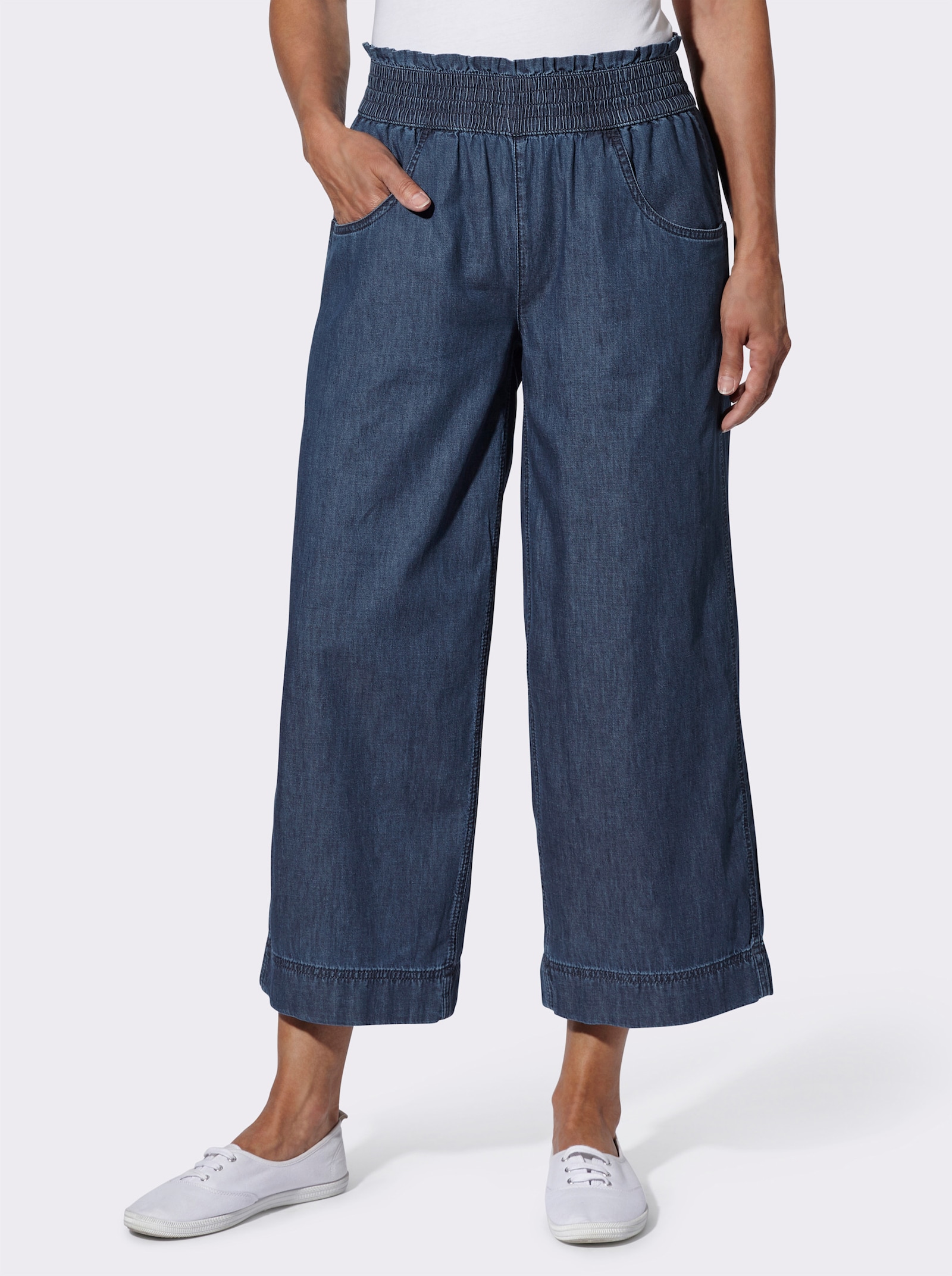 7/8-Jeans mit gesmoktem Dehnbund - blue-stone-washed