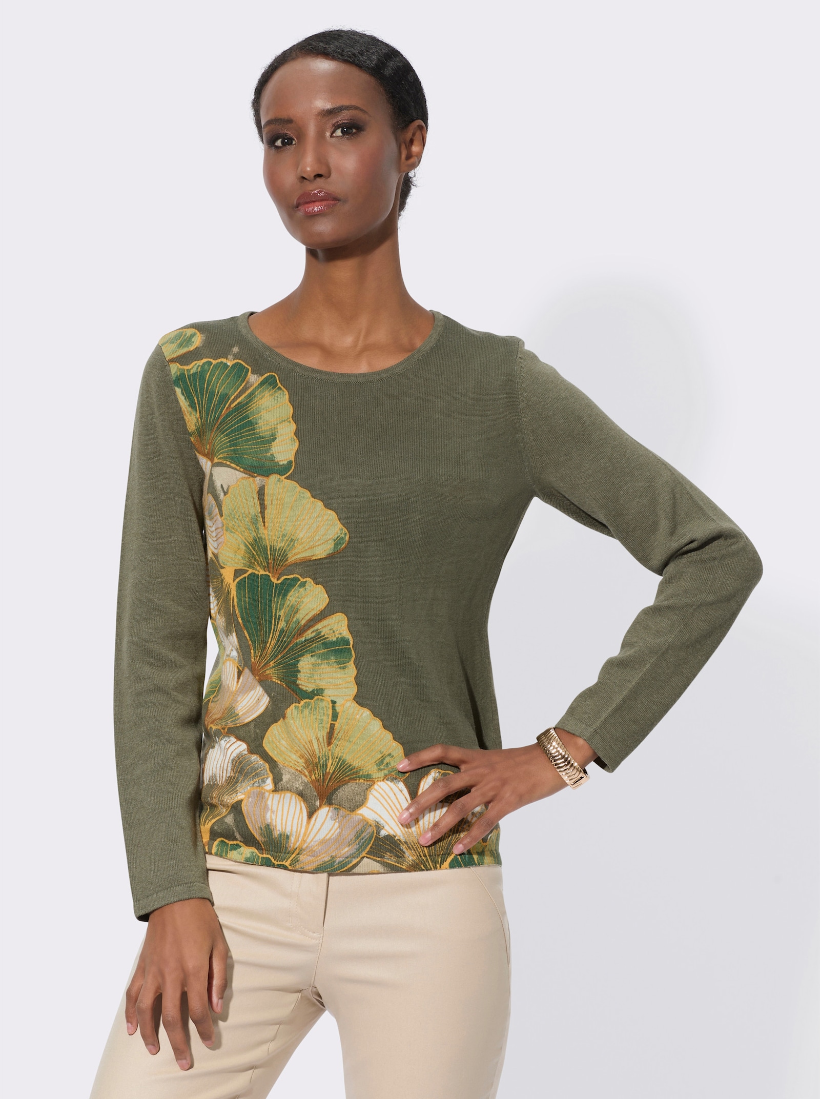 Pull à encolure ronde en qualité tricot fin - kaki-roseau imprimé