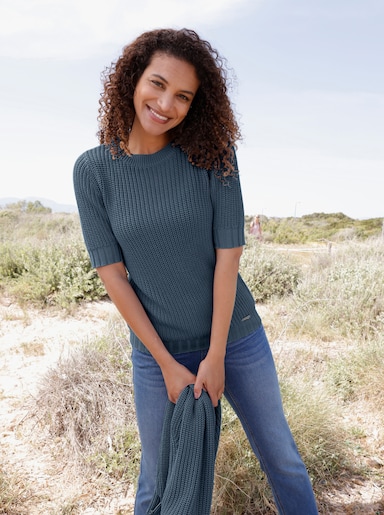 Kurzarmpullover mit Strickmuster - bleu