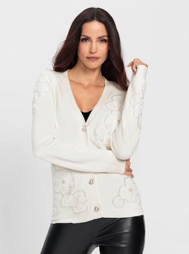 heine Feinstrickjacke mit Blüten-Applikationen - ecru