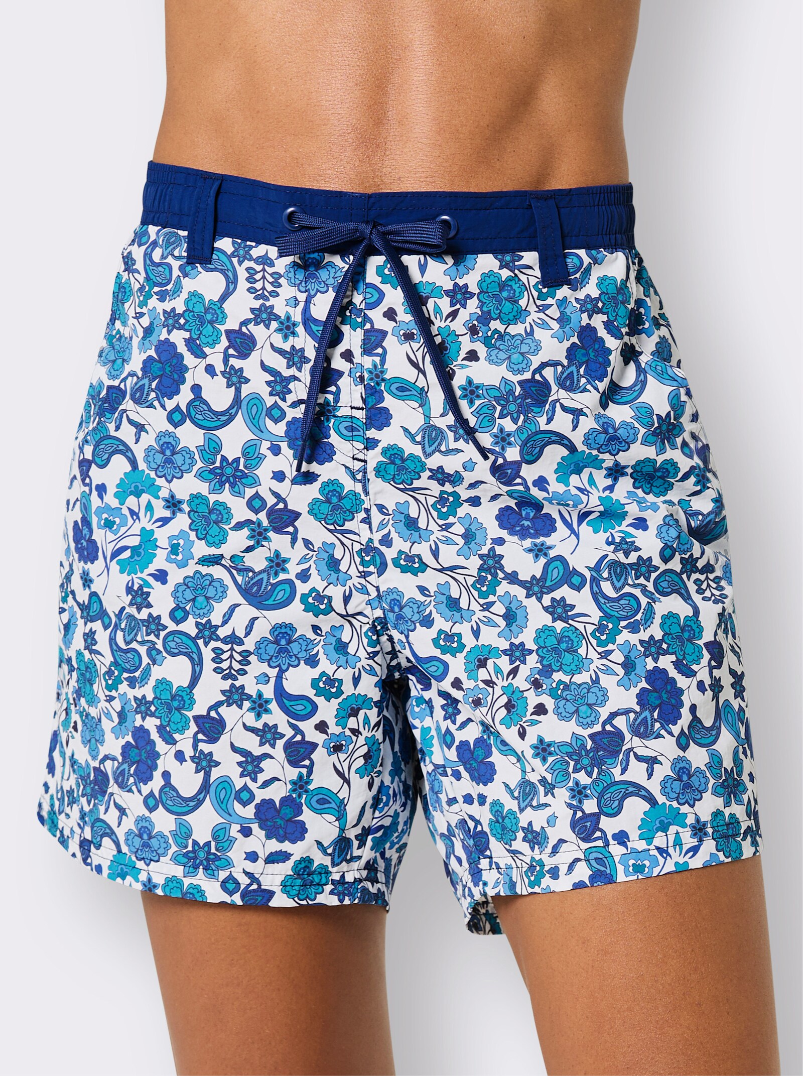 Badeshorts mit 3 Taschen - jeansblau-topas-bedruckt