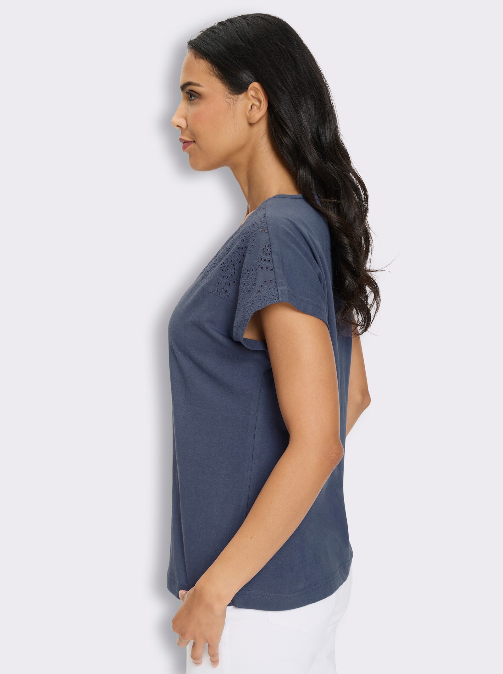 Kurzarmshirt mit Spitzen-Details, Baumwolle - rauchblau