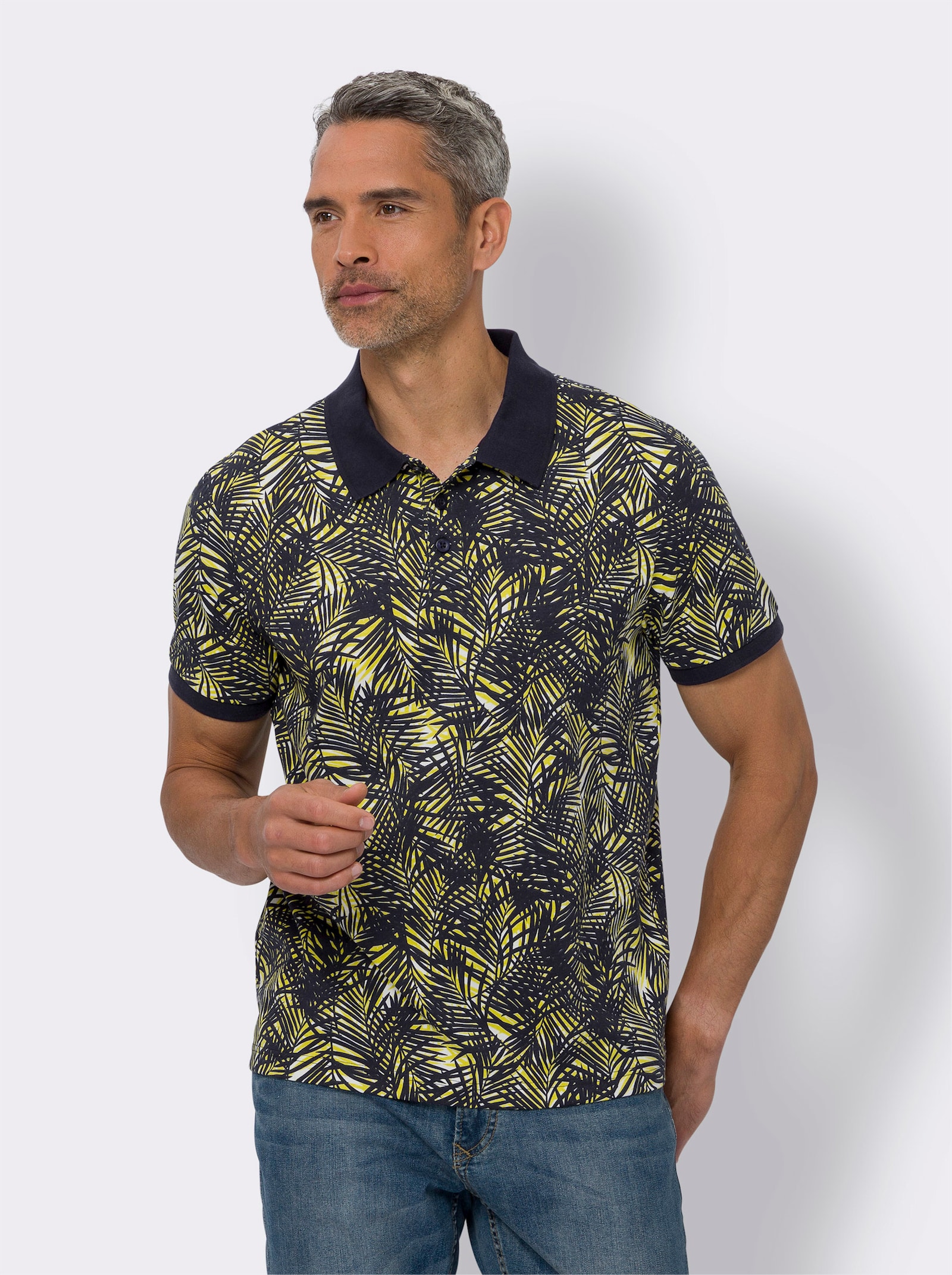 Pikétröja med palmtryck - marin, tryckt