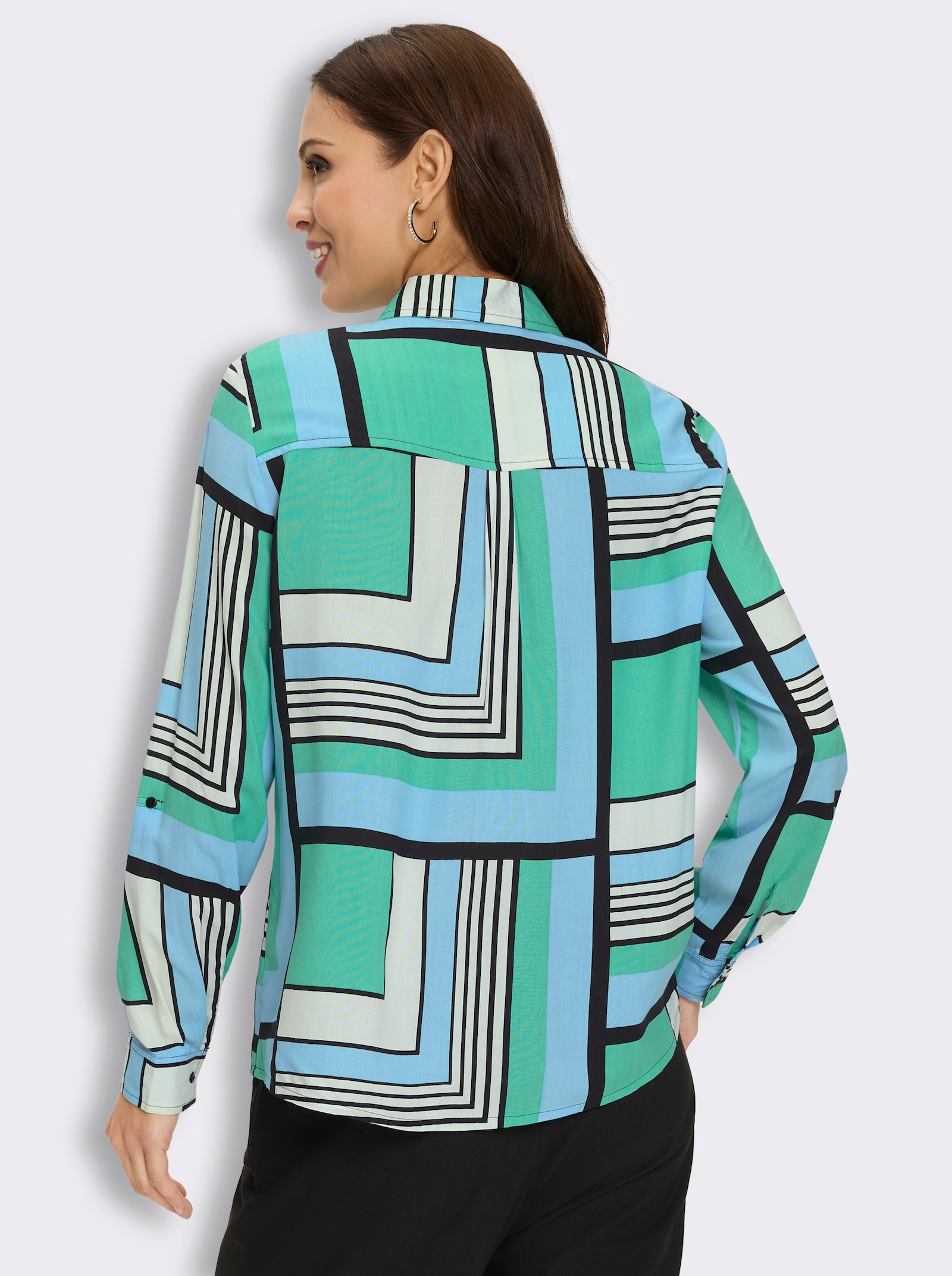 Druckbluse mit längenregulierbaren Ärmeln - aqua-ecru-bedruckt