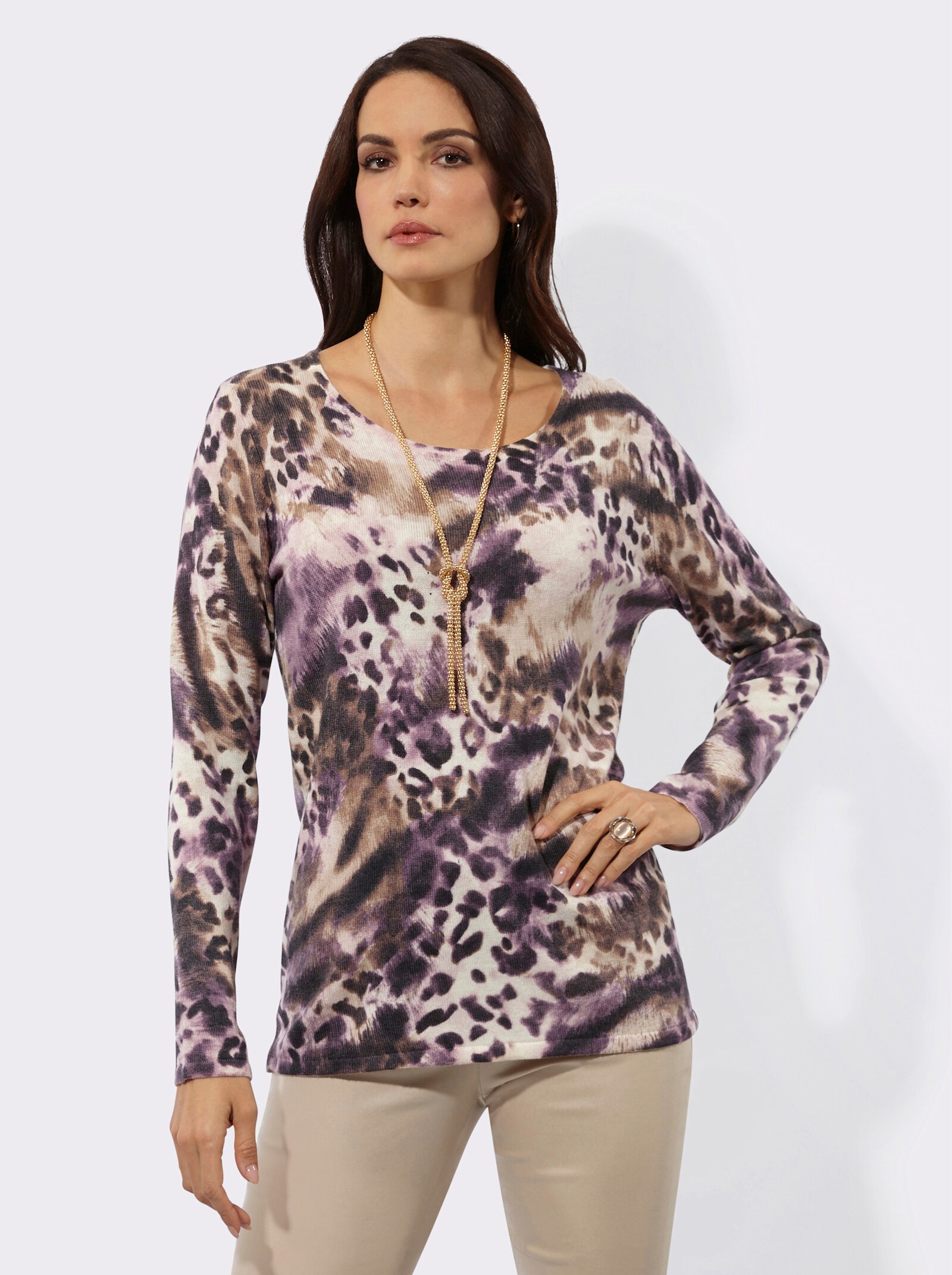 Langarm-Pullover mit Tierfell-Druck - champagner-schoko-bedruckt