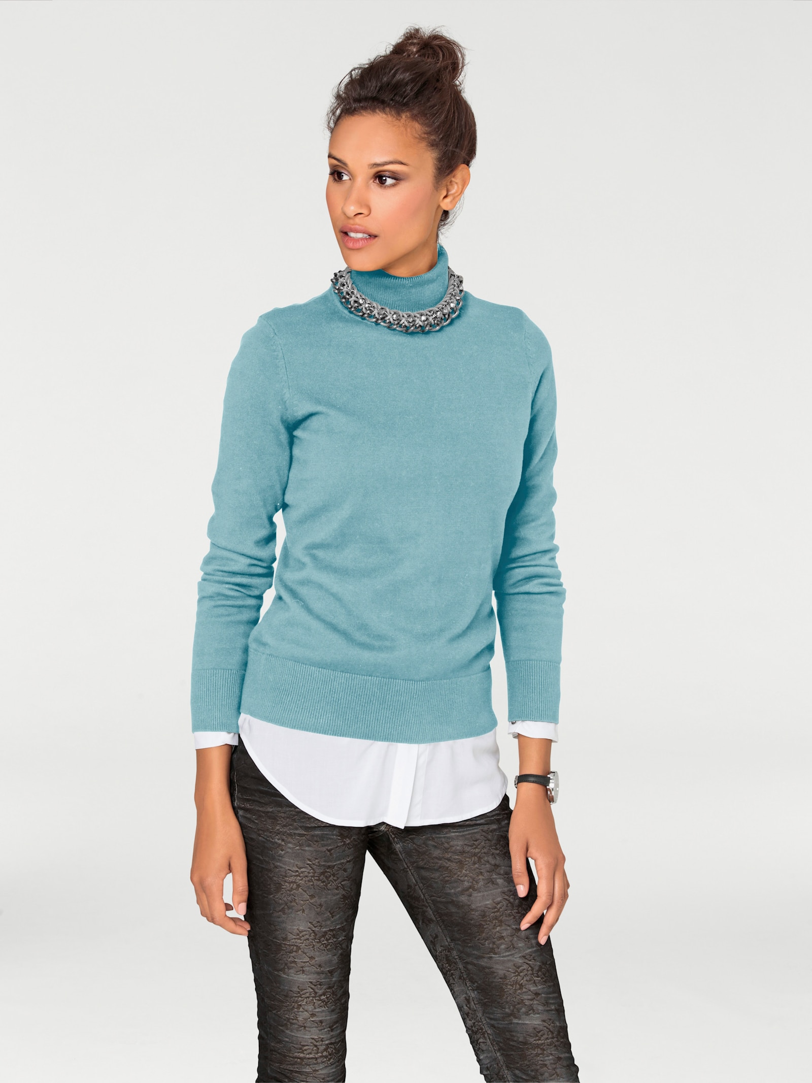 heine Pulóver s rol.gol. z jemnej pleteniny - akvamarínová