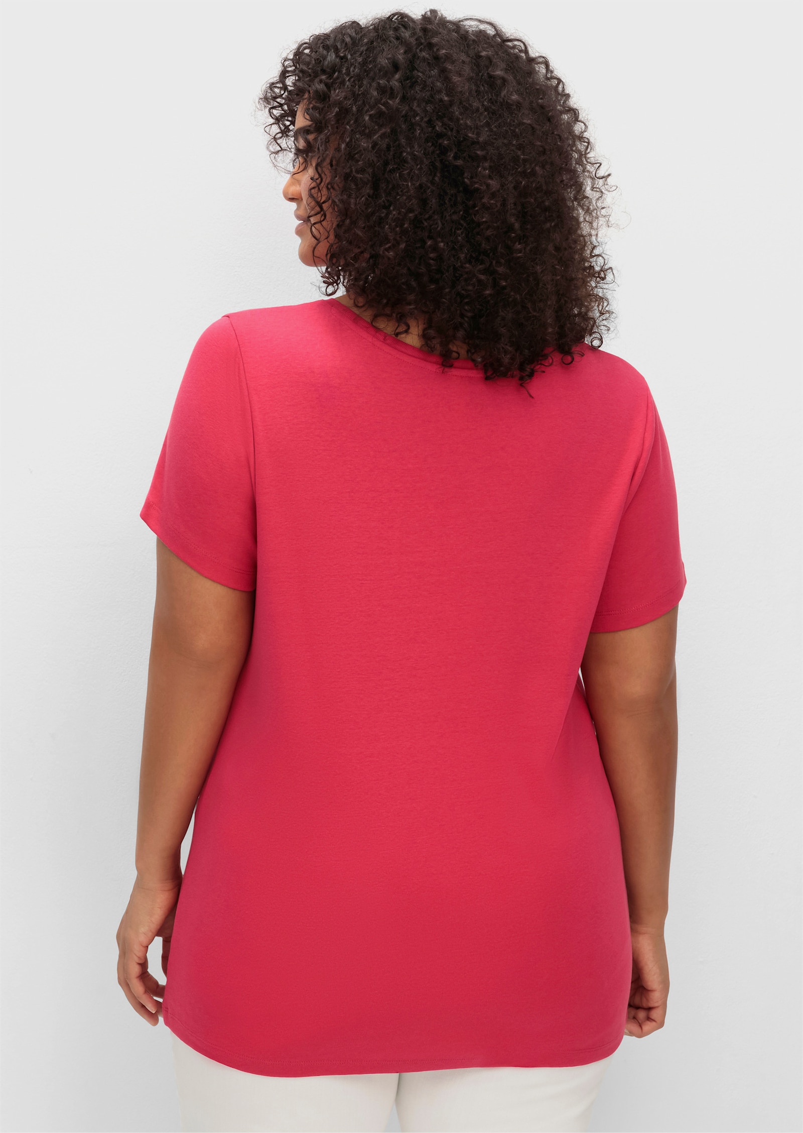 sheego T-shirt met V-hals, ribmateriaal - magenta
