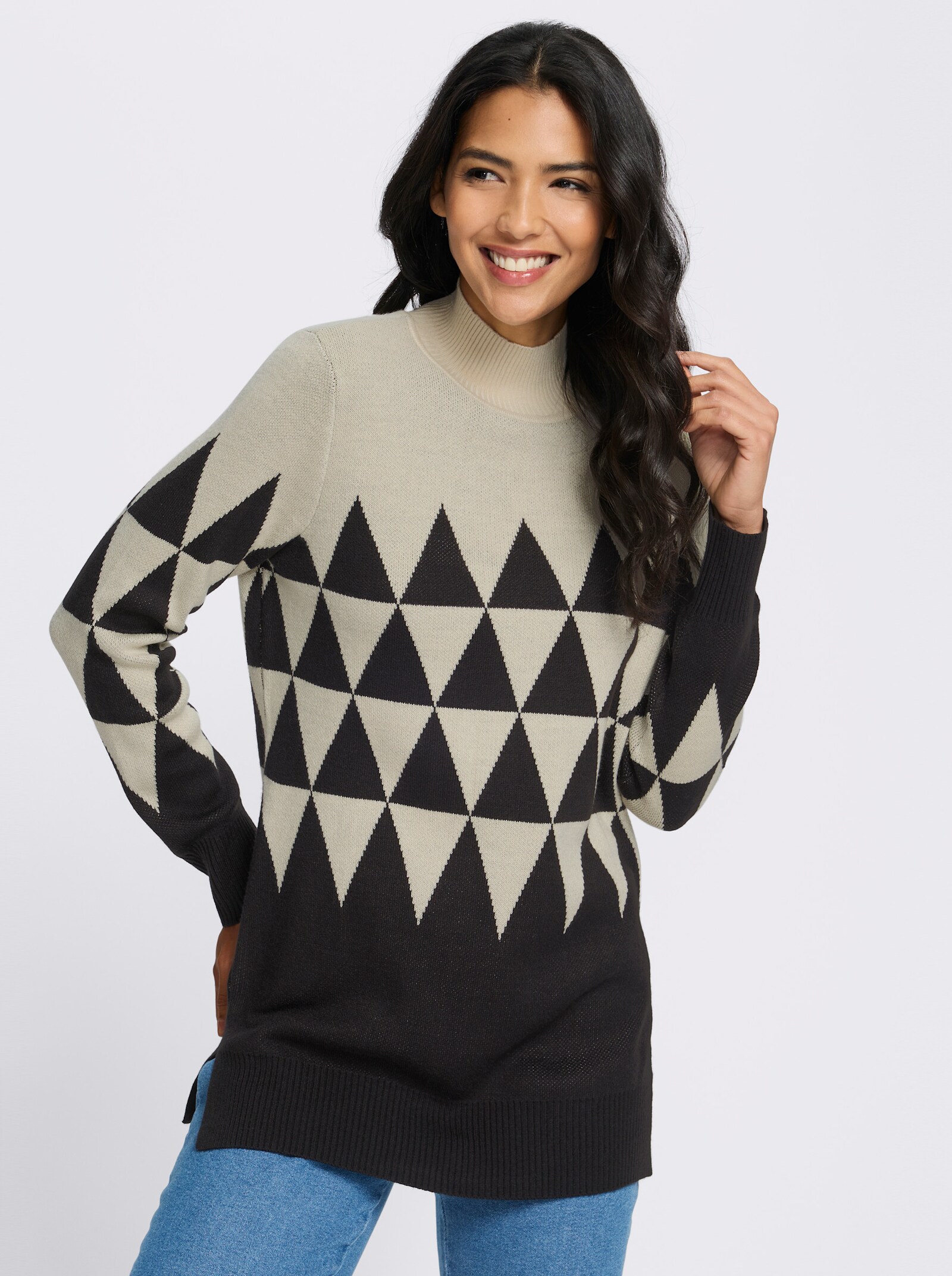 Longpullover mit grafischem Jacquardmuster - sand-schwarz-gemustert