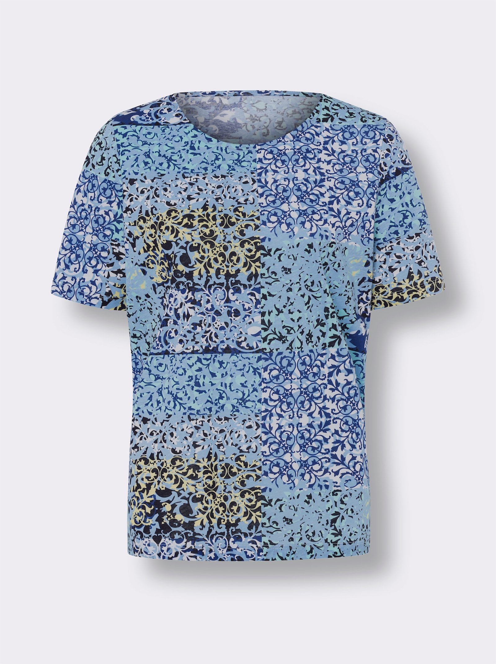Kurzarmshirt mit Patchwork-Druck - royalblau-himmelblau-bedruckt