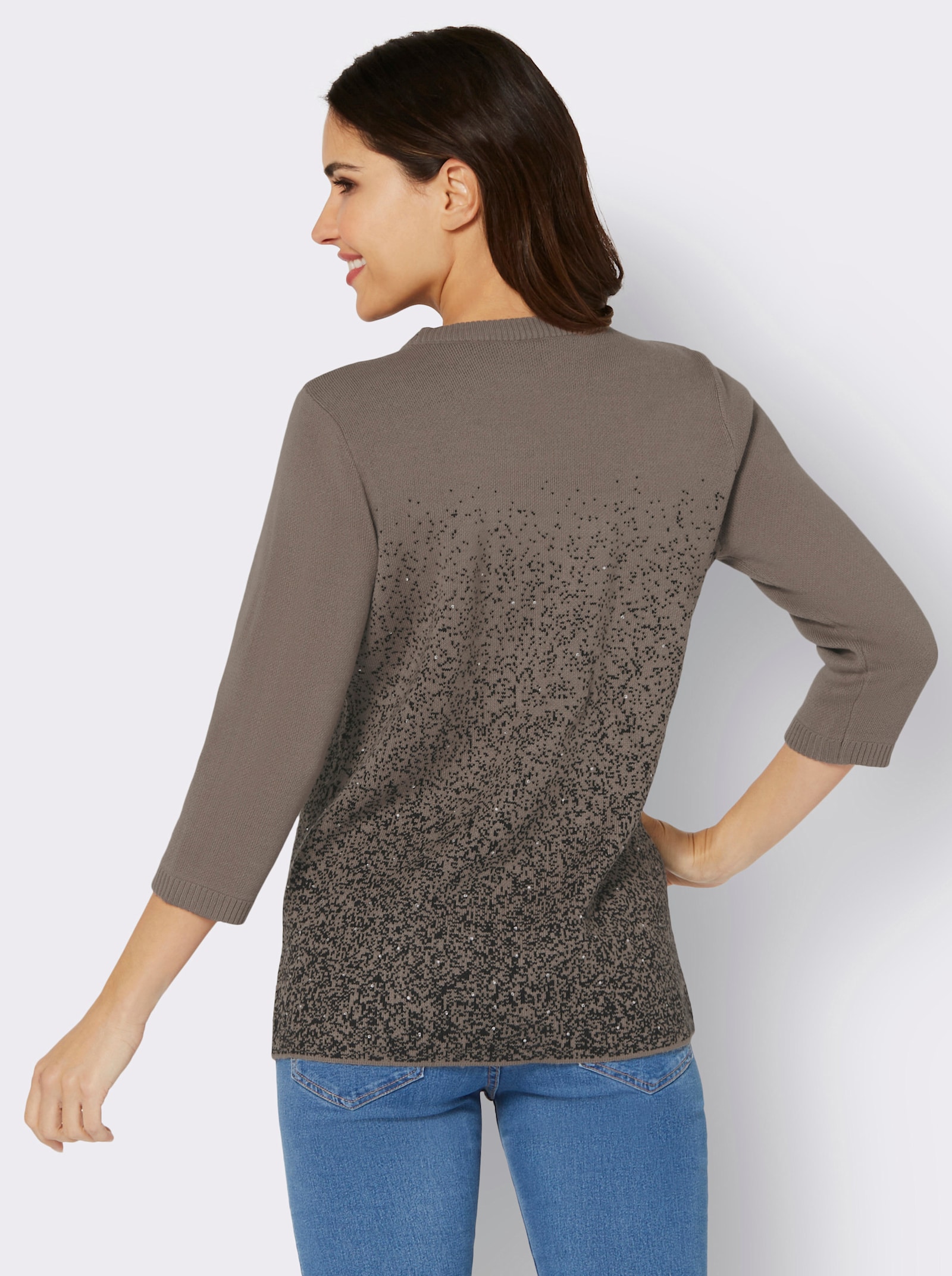 3/4 Arm-Pullover mit Glitzersteinchen - taupe-schwarz-gemustert